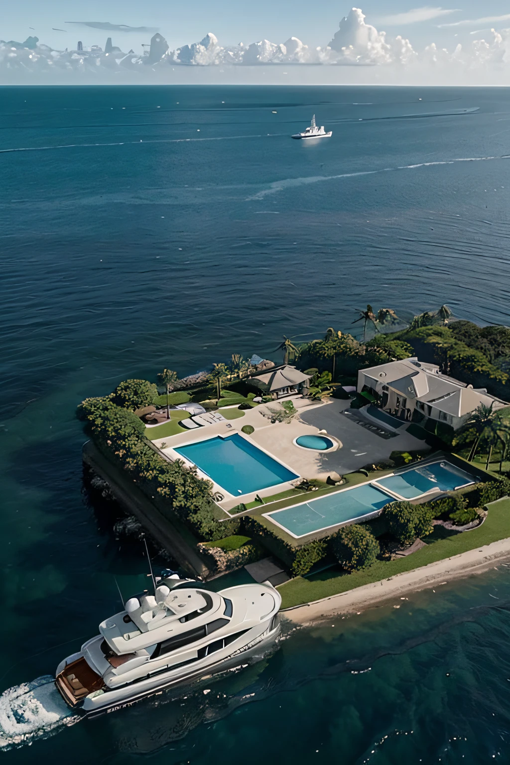A dream house on its own island with all the amenities, including a helipad and a Bugatti parked nearby, and a super-realistic yacht in the water.