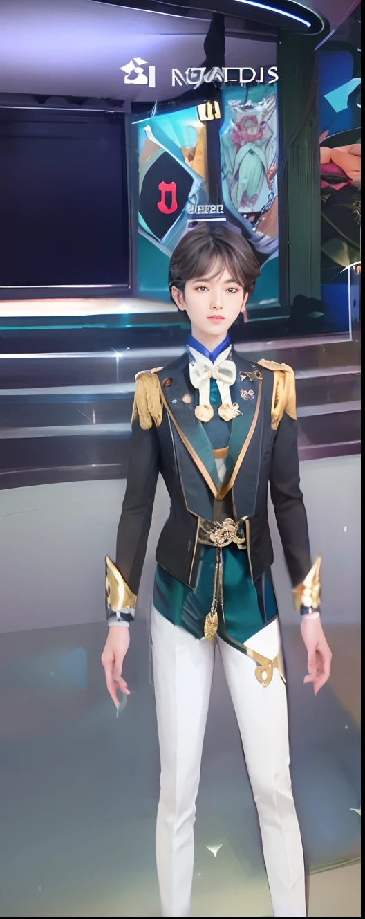a close up of a person in a uniform on a stage, delicate androgynous prince, beautiful androgynous prince, royal elegant pose, gilded black uniform, wearing a black noble suit, wearing fantasy formal clothing, handsome prince, lunar themed attire, imperial royal elegant clothing, wearing a fancy jacket, ingame image, keqing from genshin impact