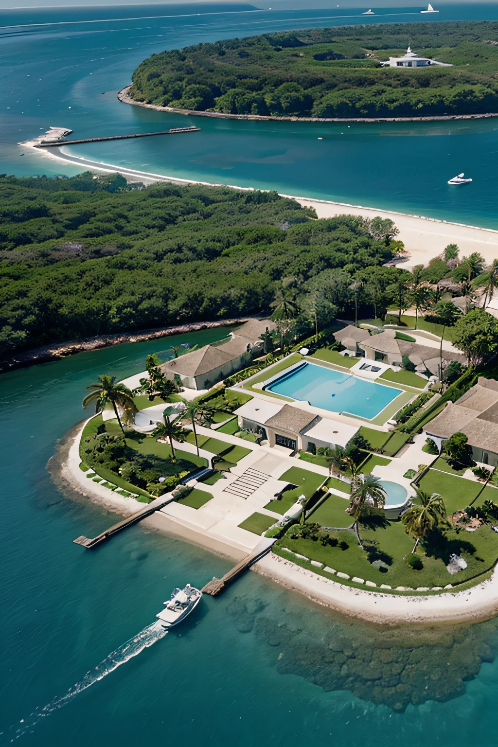 A dream house on its own island with all the amenities, including a helipad and a Bugatti parked nearby, and a super-realistic yacht in the water.