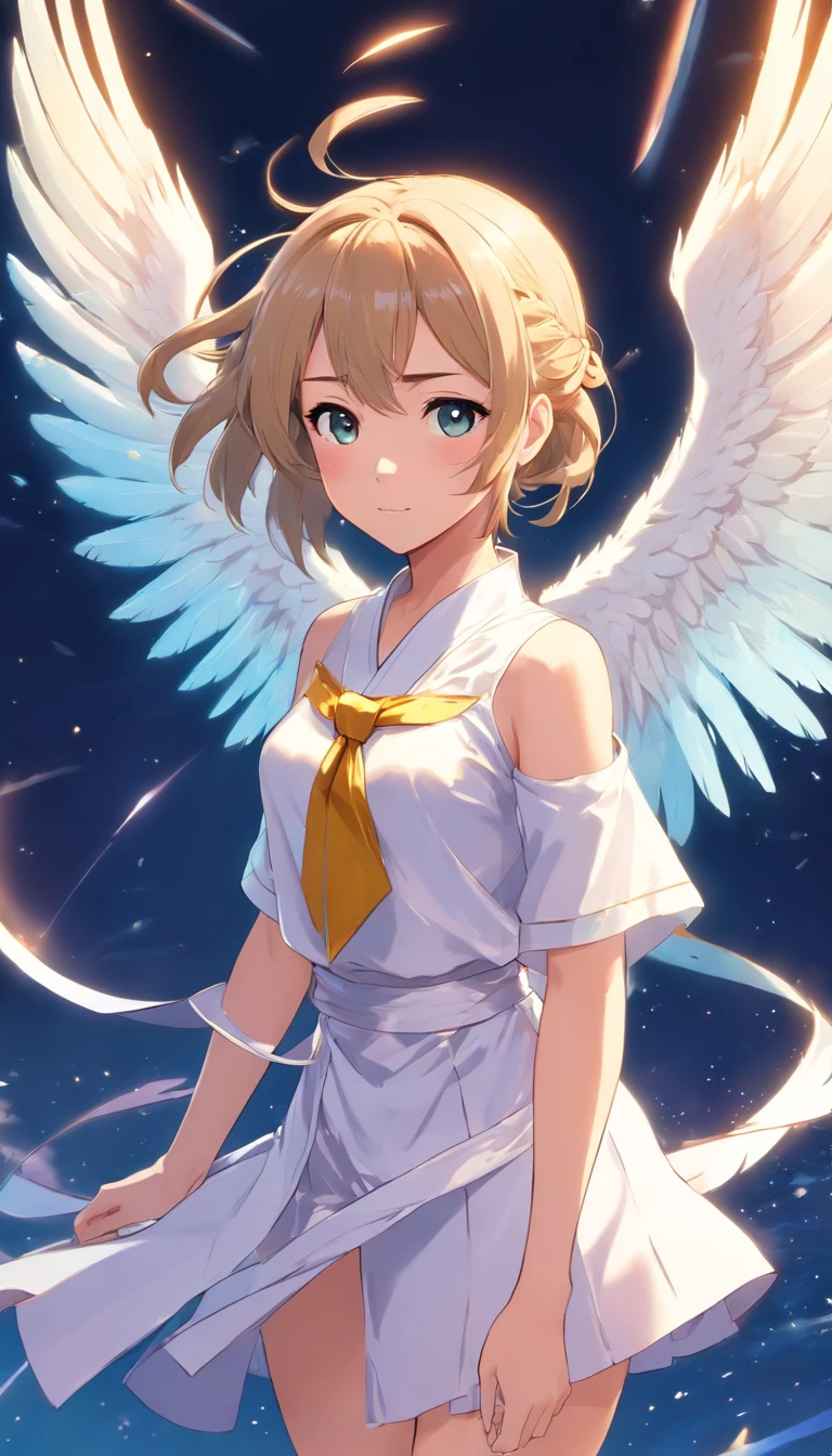 best qualtiy, tmasterpiece, 超高分辨率, realisticlying,1 female,White high ponytail,(Fairy clothes set),Sword dance,An arrogant face,Immortal Palace,angel wing,full body pov,wide angles