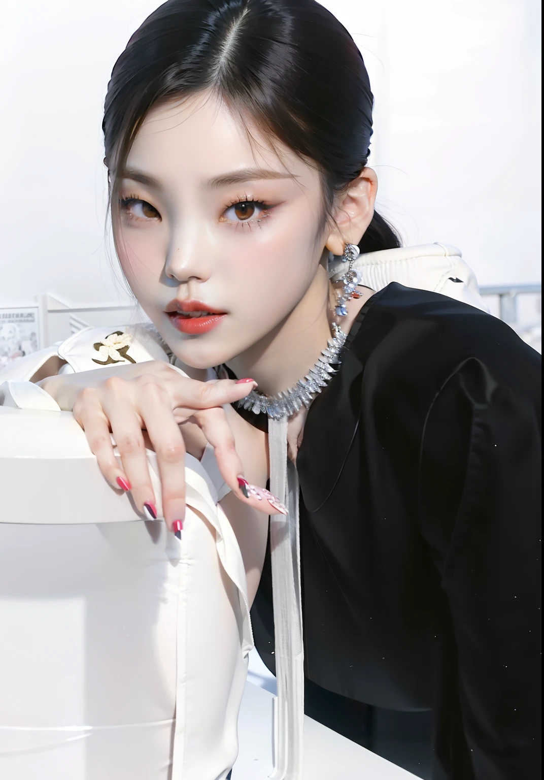 Image of a woman wearing a black and white outfit and a red lipstick, Blackpink Jennie, Retrato de Jossi de Blackpink, Jossi de Blackpink, maquillaje popular de Corea del Sur, portrait of female Korean idol, maquillaje coreano popular, Taejune Kim, Sakimichan, Jinyoung Shin, Parque Ji-min, Retrato Jisoo Blackpink, hwang se - on