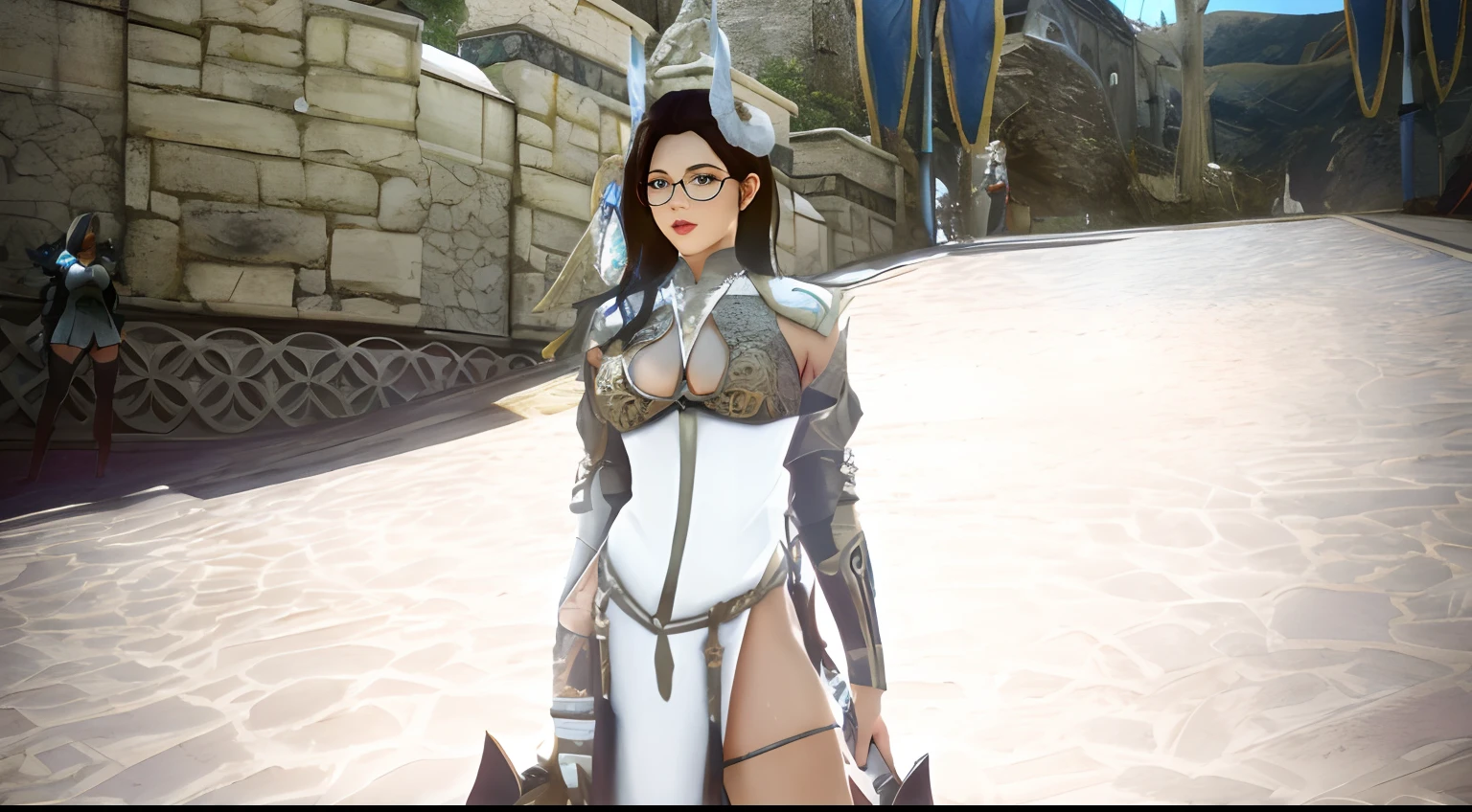 there is a woman in a white dress with a sword and armor, glossy white armor, ornate bikini armor, pretty female cleric, dressed like a cleric, of a beautiful female warframe, fantasy outfit, cleric, bikini armor female knight, detailed white armor, wearing shiny breastplate, sleek bright white armor, gorgeous female paladin, stunning armor, modern clean white armor