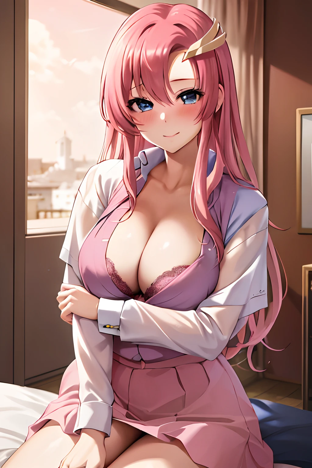 masterpiece, top-quality, Hi-Res, Extremely detailed, animesque, lacus4, 1girl in, school shirt, cleavage of the breast, Pink lace bra, length hair, ((hair adornments:1.2)), A pink-haired, blue eyess, A smile, Blushing cheeks, large full breasts, bedroom, ((early evening)), seductiv, squinted, sexy pose, ((Empty-handed))