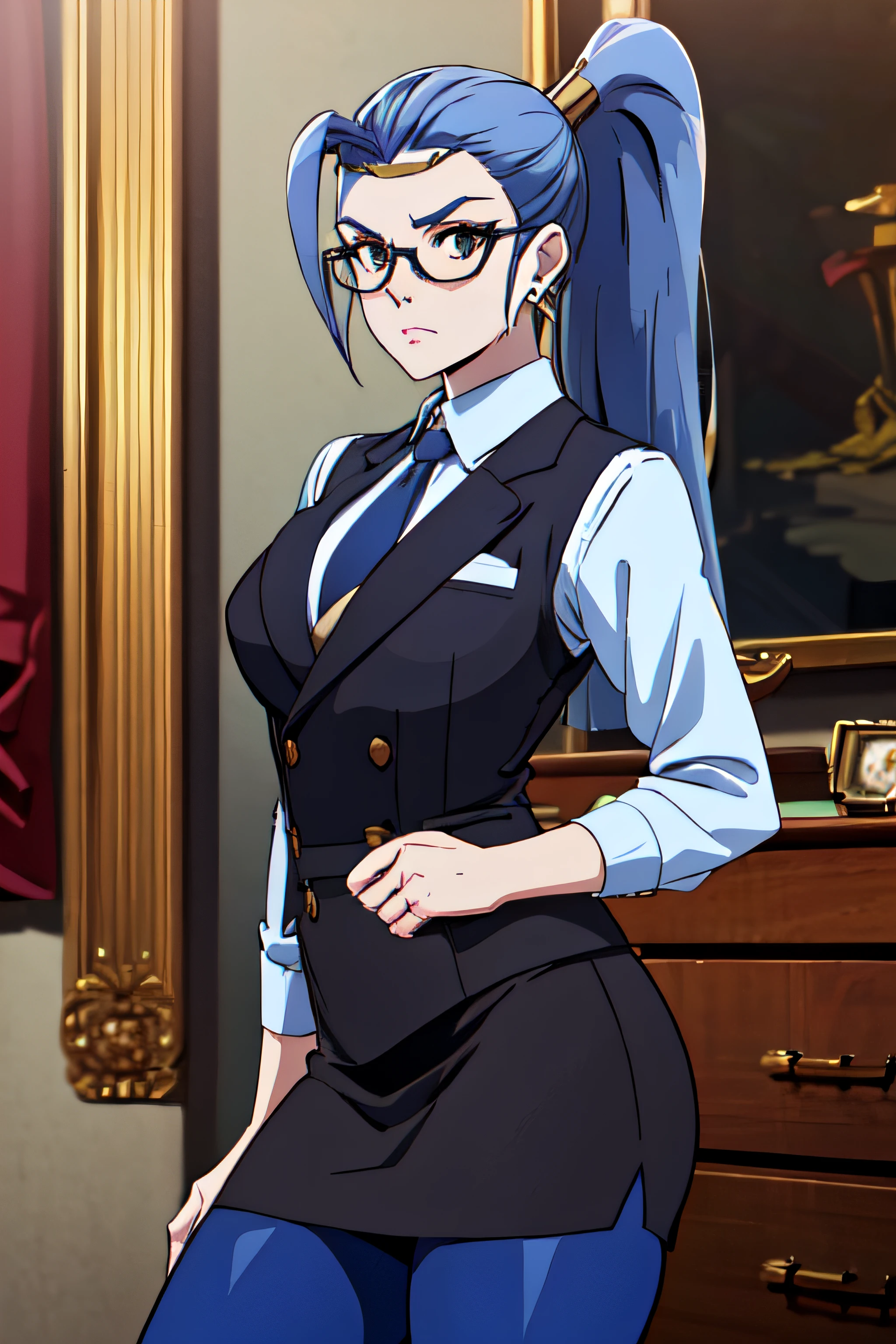 megaera, 1girl, solo, ponytail, colored skin,  skirt suit, (((three-piece suit))), (((necktie))), (((blazer))), (((suit jacket))), (((waistcoat))), double-breasted waistcoat, (((bodycon miniskirt))), pencil skirt, pantyhose, tights, cufflinks, tie clip, pocketsquare, pocket watch, long sleeves, piercing, ear piercing, blue skin, single wing, facing viewer, looking at viewer, scowl, glasses
