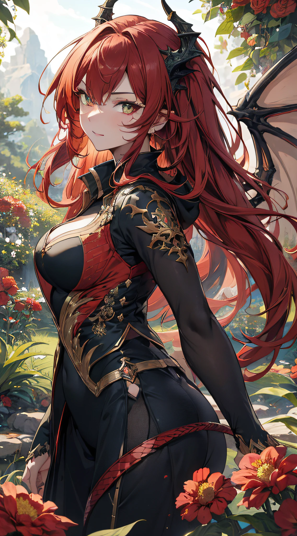 (best quality,4k,8k,highres,masterpiece:1.2),ultra-detailed,portrait,red hair,strong gaze,sharp pupils,half dragon motif,beautiful detailed face,dragon scales on half of her face,long flowing hair,expressive eyes,confident posture,standing in a lush garden with blooming flowers,vibrant colors,soft sunlight,scenic background,emerging dragon wings,whimsical atmosphere