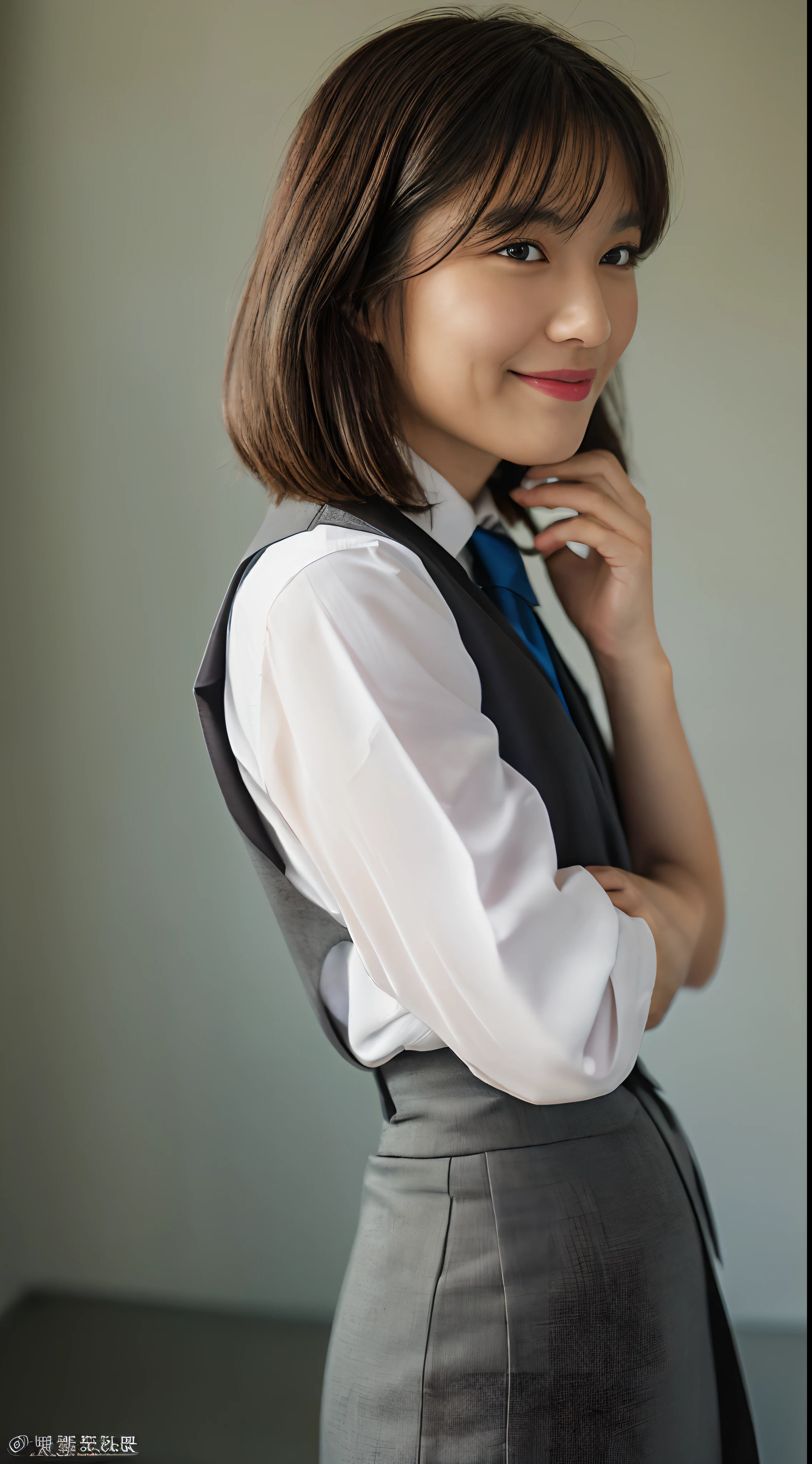 masutepiece, one beautiful women, ,(japanes), (s Office), (((White shirt))),(((Short stature)))(((Gray office suit tight skirt and gray office vest))), (),, (medium breasts), , ,(((Bob Hair))(, , (Skin Texture:1.1), Best Quality, 超A high resolution, (Photorealistic: 1.4), Raw photo, , nikon d850 film stock photograph, F1.6 lens, Rich colors, Realistic, cinestill 800, Backlight, Rim lighting, Studio Lighting, ,((( A dark-haired))),(((full body Esbian))(((Facing the front)))(((mediocre figure))),(((Mediocre style)))(Black socks)smil,ar old