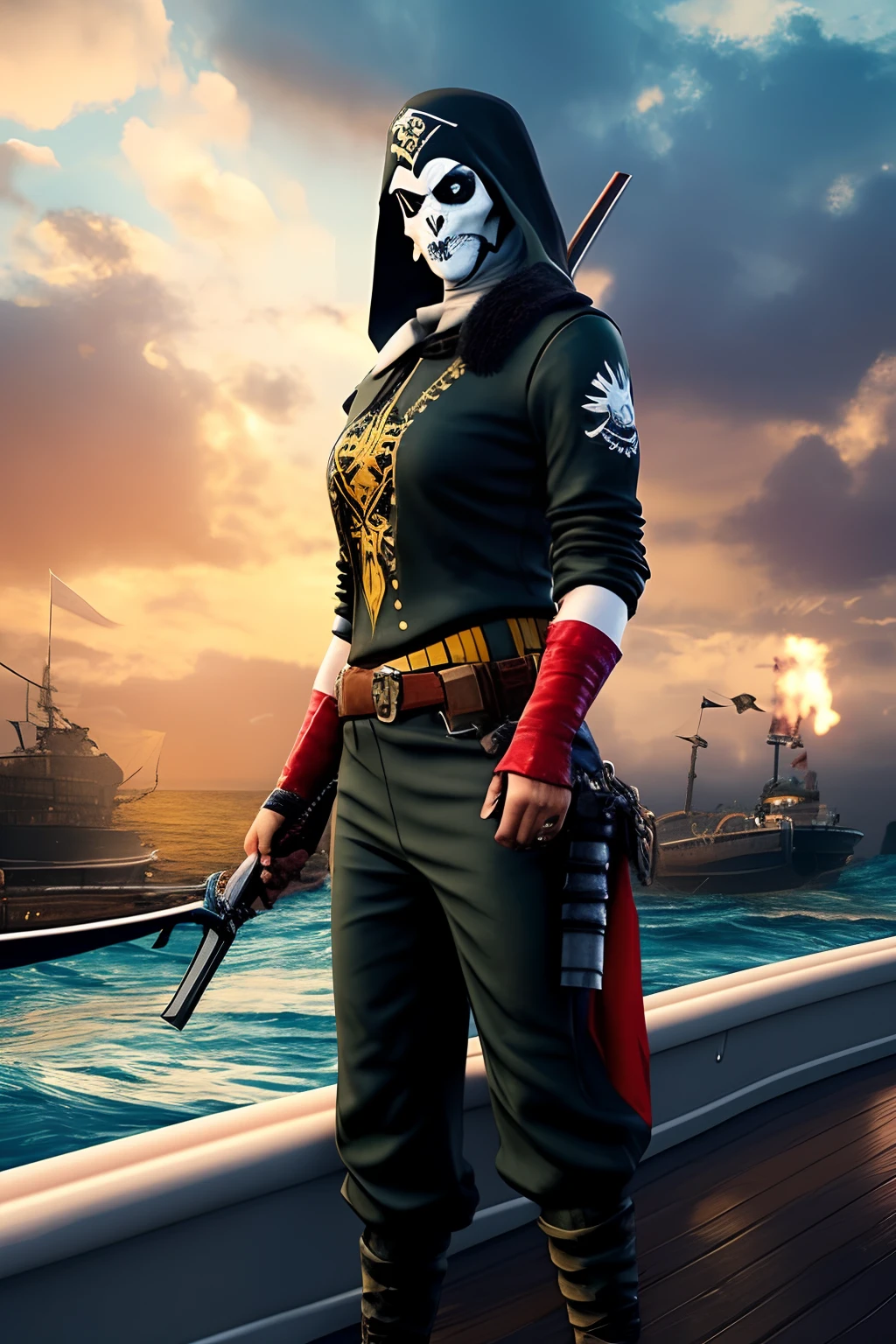 Caveira pirata em seu navio