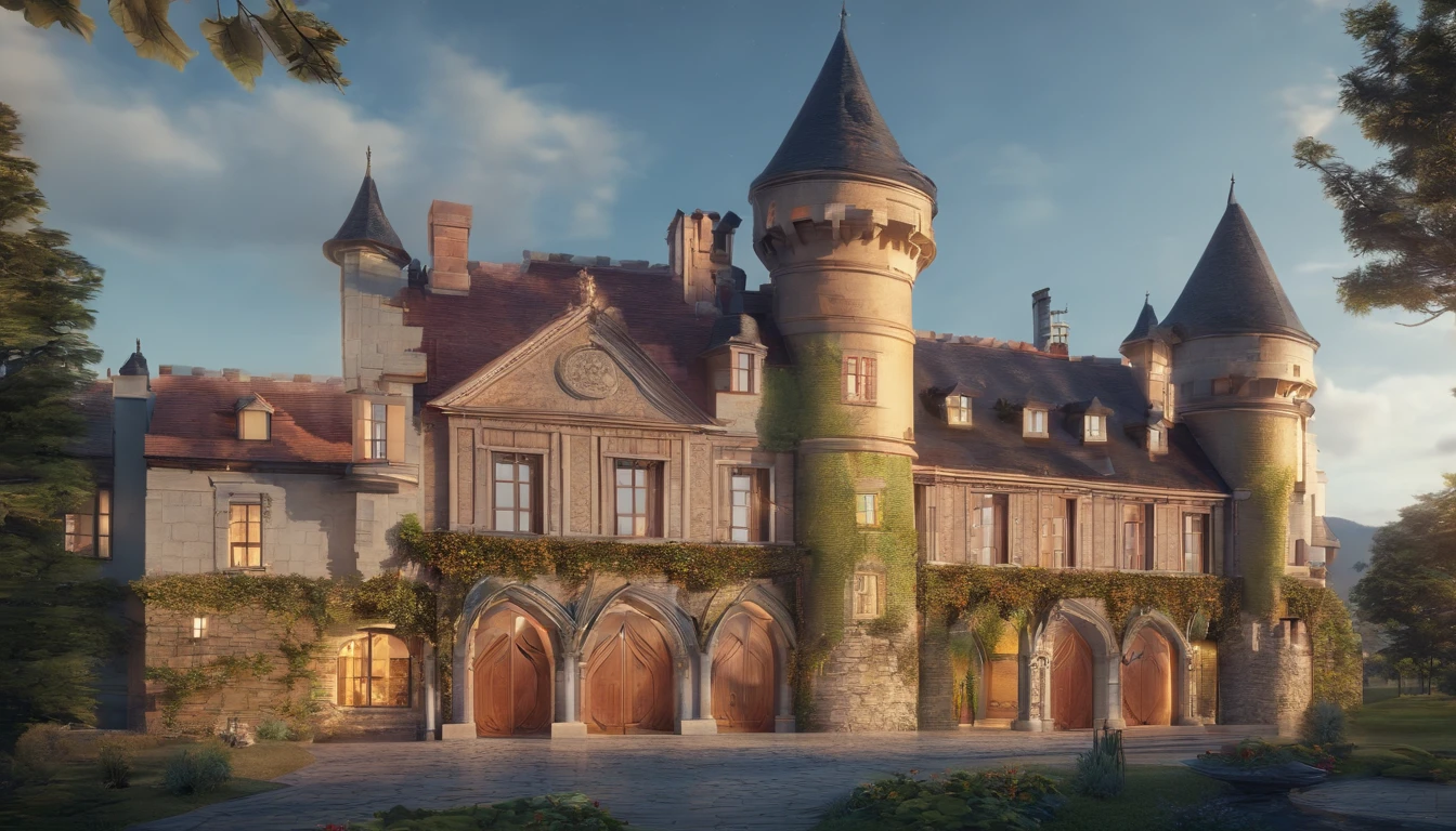 Luxury castle on the left of the image. In the middle is a glass roof that connects the castle to a wine cellar. The wine cellar is located on the right of the image. The image must be taken from a landscape perspective.