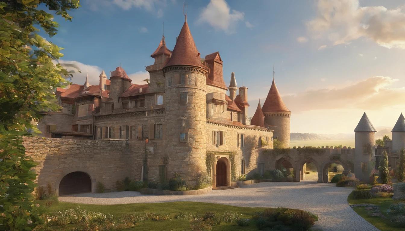 Luxury castle on the left of the image. In the middle is a glass roof that connects the castle to a wine cellar. The wine cellar is located on the right of the image. The image must be taken from a landscape perspective.