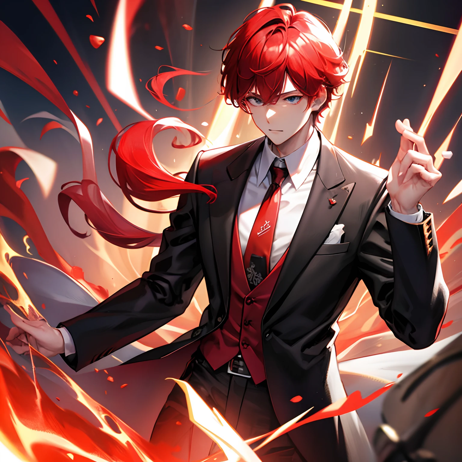 Black suit、red necktie、white shirt、red hairs、male people