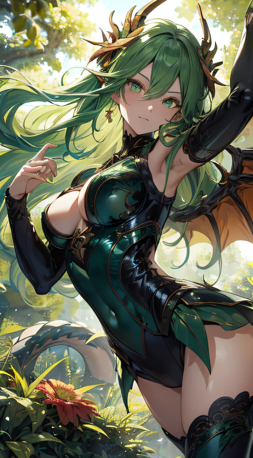 (best quality,4k,8k,highres,masterpiece:1.2),ultra-detailed,portrait,green hair,strong gaze,sharp pupils,half dragon motif,beautiful detailed face,dragon scales on half of her face,long flowing hair,expressive eyes,confident posture,standing in a lush garden with blooming flowers,vibrant colors,soft sunlight,scenic background,emerging dragon wings,whimsical atmosphere