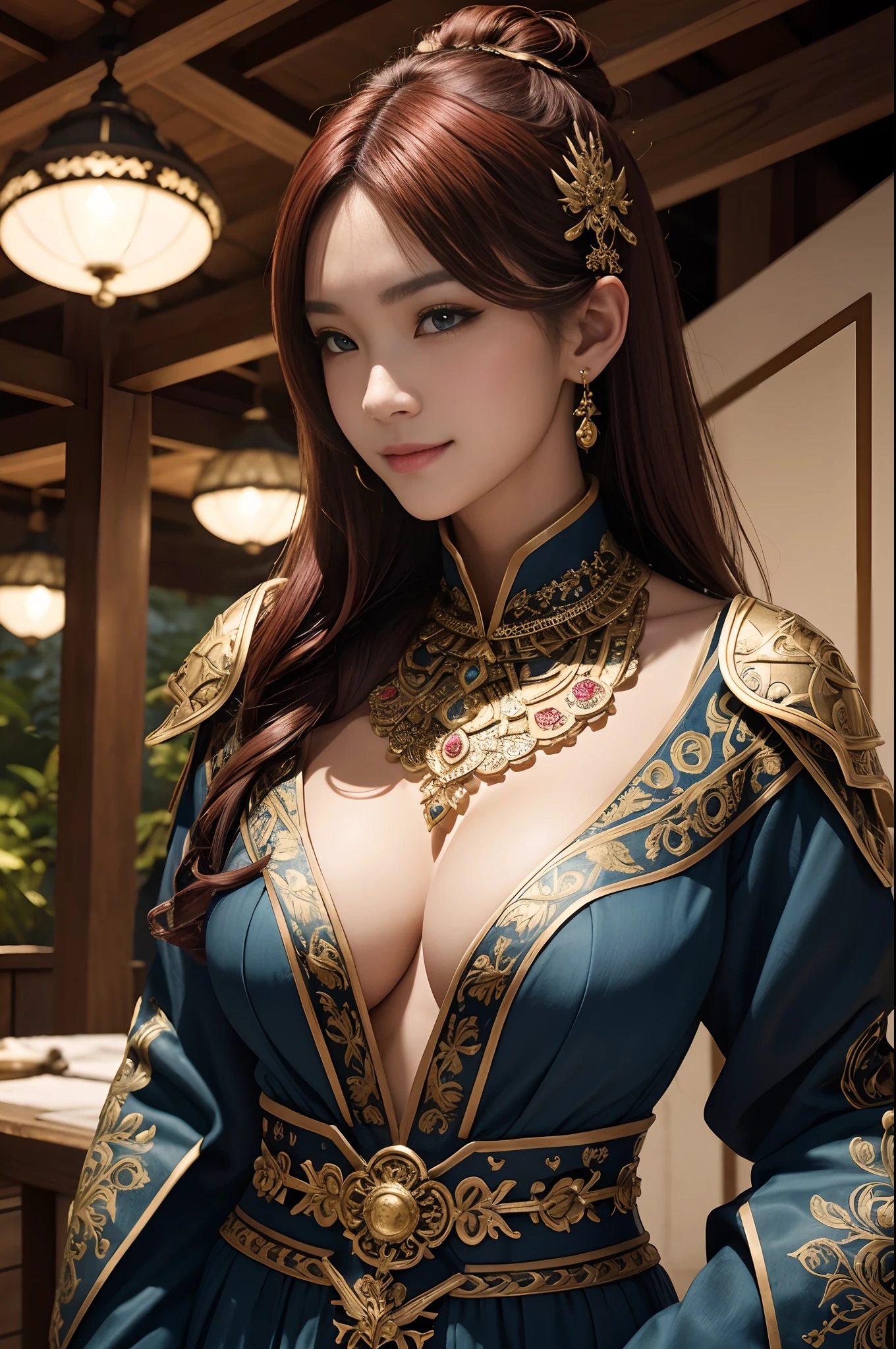 (dark shot:1.1)The whole body of a mature holy knight,Big sexy holy knight chest armor(absurderes、hight resolution、The ultra-detailliert)、One woman's whole body、Red and white female Holy Knight armor,Mature holy knight with big breasts、Extravagant black and gold trousers、Red hair short bob、Skinny and big、blue eyess、long-sleeve、finely eye and detailed face、intricate detailes、BREAK mosaic art、small pieces、colorful tesserae、Complex pattern、Tiled design、durable surfaces、Old fashioned technique BREAK macro photography、extreme close - up、intricate detailes、Enlarged texture、stunning clarity、Hidden beauty、Interruption of immersive perspective、artisanal creations、Handmade Products、unique designs、intricate detailes、Creative expression、skilled craftsmanship、魅惑的、enticing、English Garden、A smile、