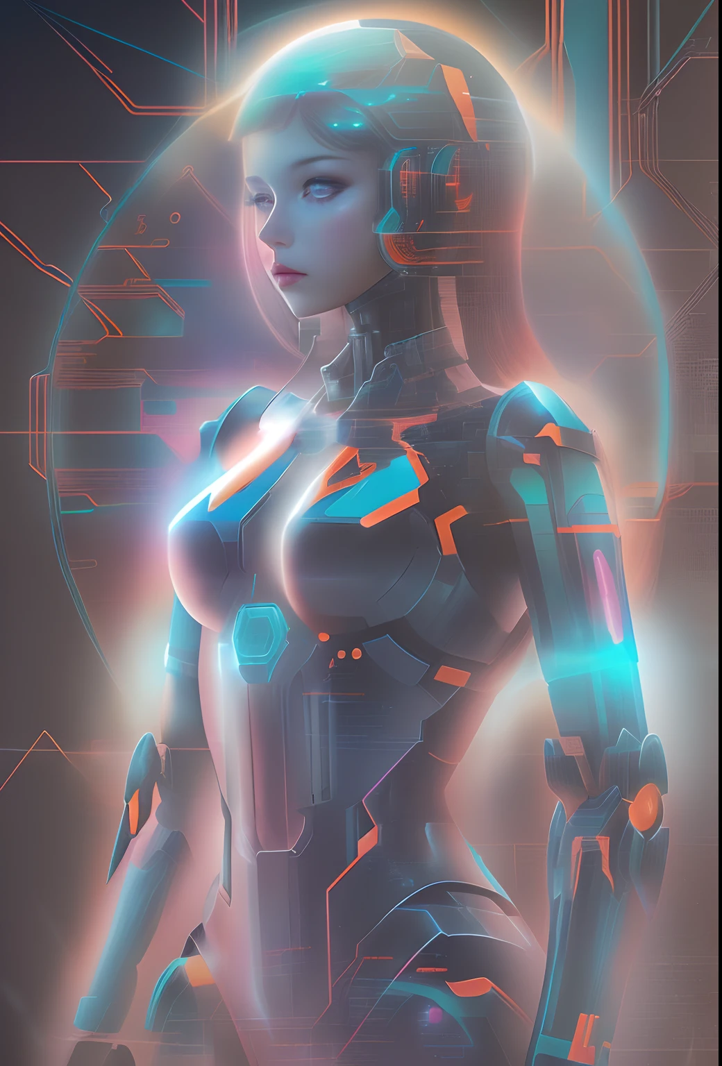 mecha-girl，Futuristic virtual holographic digital image background，（Doubleexposure：1.8），Complex illustrations in surrealist art style，Surreal dreams，Incognito as a virtual hologram person，Transparent people，Virtual holographic digital image