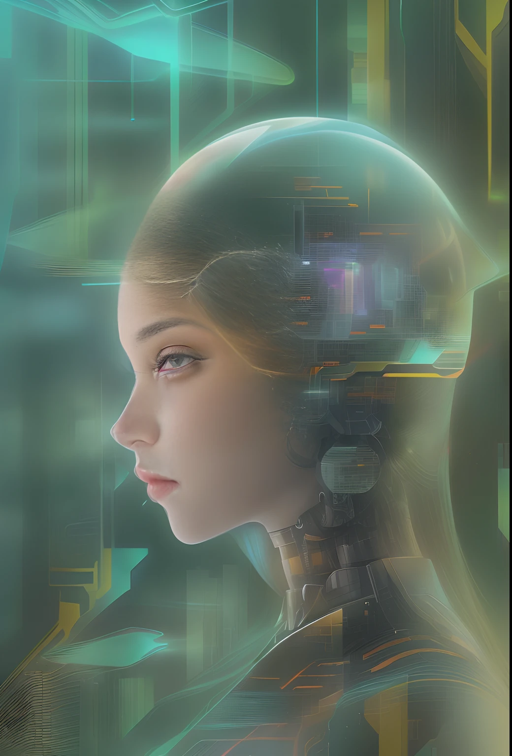 mecha-girl，Futuristic virtual holographic digital image background，（Doubleexposure：1.8），Complex illustrations in surrealist art style，Surreal dreams，Incognito as a virtual hologram person，Transparent people，Virtual holographic digital image