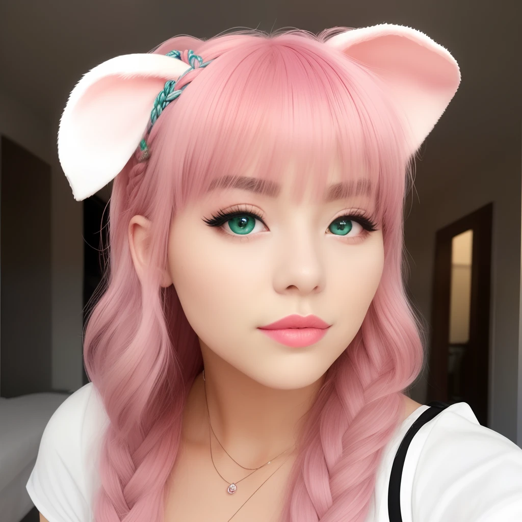 Pink Hair, Green Eye, Rabbit Ear, Plump Lips
Braided hair 1 girl