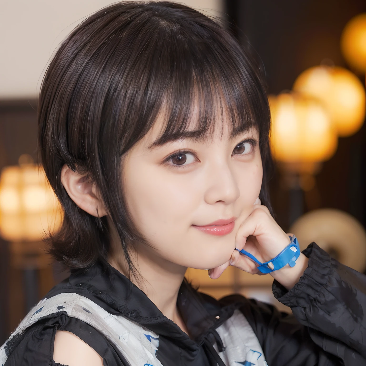 58
(a 20 yo woman), (A hyper-realistic), (masutepiece), ((A dark-haired、short-hair:1.3)), (Breast), kindly smile, (Clothes printed with anime characters)
