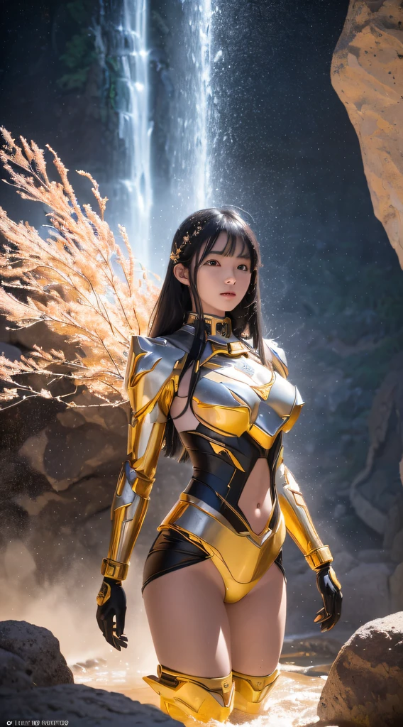 ((ultra real detailed.mecha-girl) (Masterpiece, Top quality, Best quality, offcial art, Beauty and aesthetics: 1.2), Very detailed, Colorful, Most detailed, branches,mecha-girl, (Mards)mecha-girl(canyons), (Linen Future Mecha Girl), Angry fighting stance, looking at the ground, Batik linen bandana, Crane pattern long sleeve garment,Mecha Maiden Canyon(Abstract propylene splash:1.2), Dark clouds lightning background,Sprinkle with gold mecha girl powder(realisticlying:1.4),Black color hair,Flour fluttering,rainbow background, A high resolution, the detail, RAW photogr, Sharp Re, Nikon D850 Film Stock Photo by Jefferies Lee 4 Kodak Portra 400 Camera F1.6 shots, Rich colors, ultra-realistic vivid textures, Dramatic lighting, Unreal Engine Art Station Trend, cinestir 800,Flowing black hair,(((mecha-girl)))