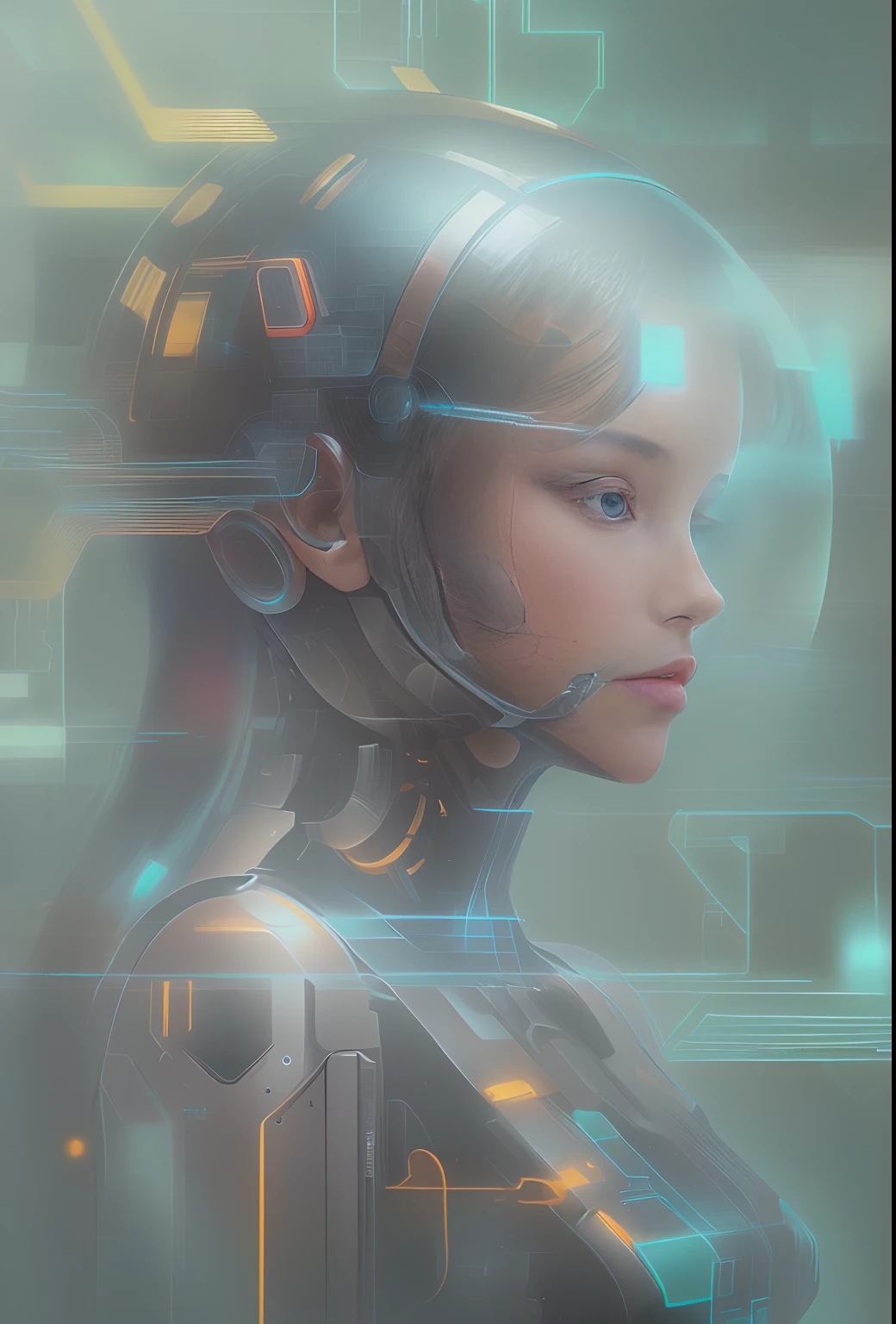 mecha-girl，Futuristic virtual holographic digital image background，（Doubleexposure：1.8），Complex illustrations in surrealist art style，Surreal dreams，Incognito as a virtual hologram person，Transparent people，Virtual holographic digital image