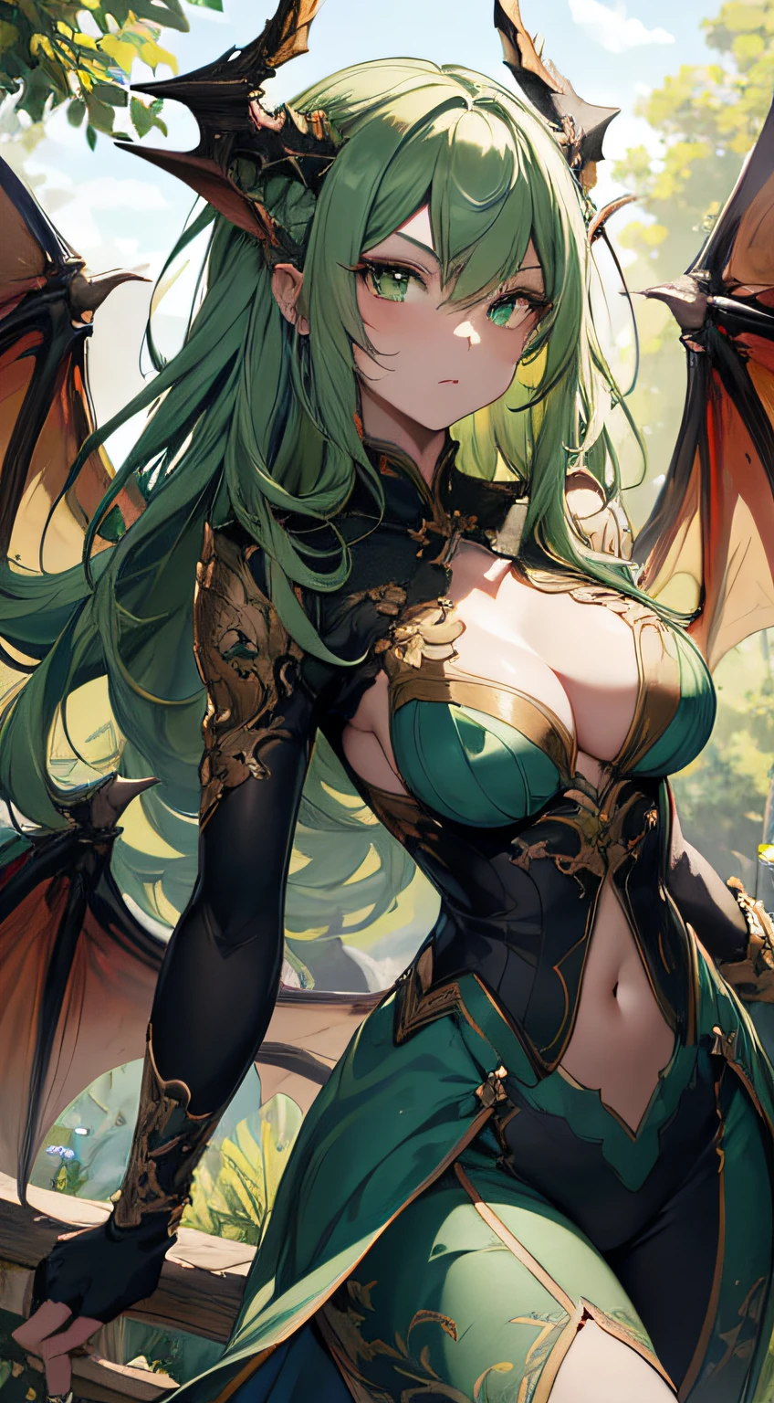 (best quality,4k,8k,highres,masterpiece:1.2),ultra-detailed,portrait,green hair,strong gaze,sharp pupils,half dragon motif,beautiful detailed face,dragon scales on half of her face,long flowing hair,expressive eyes,confident posture,standing in a lush garden with blooming flowers,vibrant colors,soft sunlight,scenic background,emerging dragon wings,whimsical atmosphere