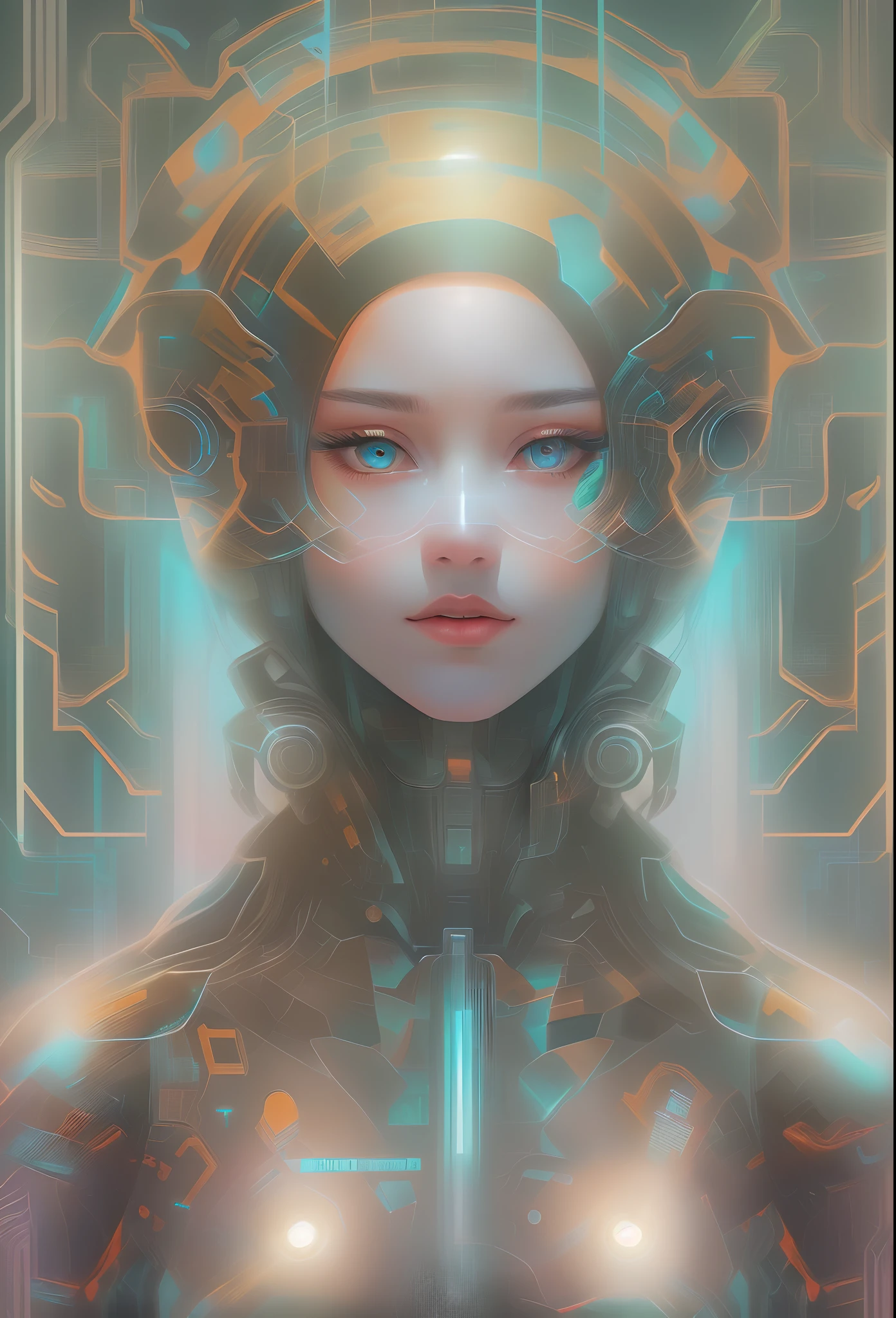 mecha-girl，Futuristic virtual holographic digital image background，（Doubleexposure：1.8），Complex illustrations in surrealist art style，Surreal dreams，Incognito as a virtual hologram person，Transparent people，Virtual holographic digital image