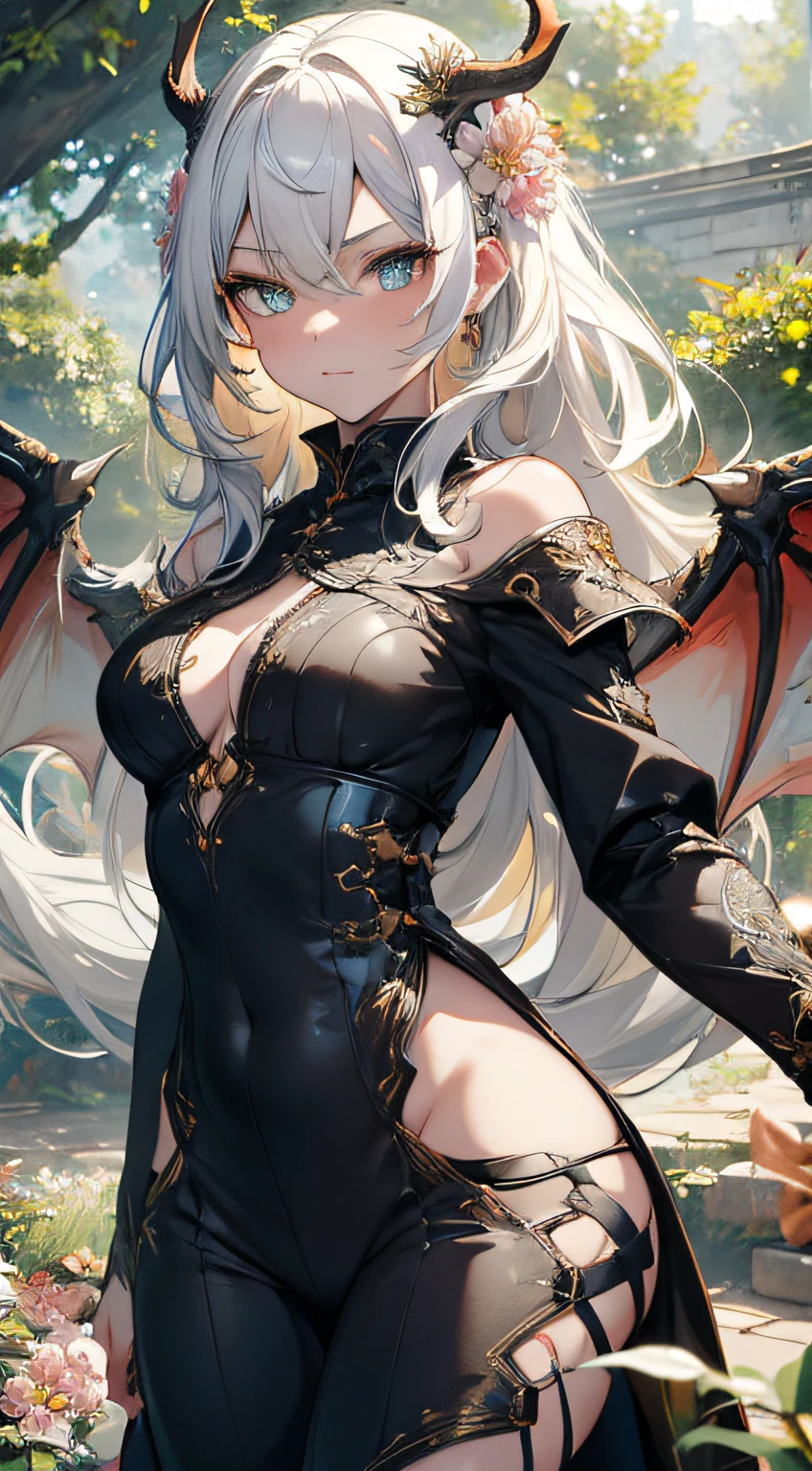 (best quality,4k,8k,highres,masterpiece:1.2),ultra-detailed,portrait,white hair,strong gaze,sharp pupils,half dragon motif,beautiful detailed face,dragon scales on half of her face,long flowing hair,expressive eyes,confident posture,standing in a lush garden with blooming flowers,vibrant colors,soft sunlight,scenic background,emerging dragon wings,whimsical atmosphere