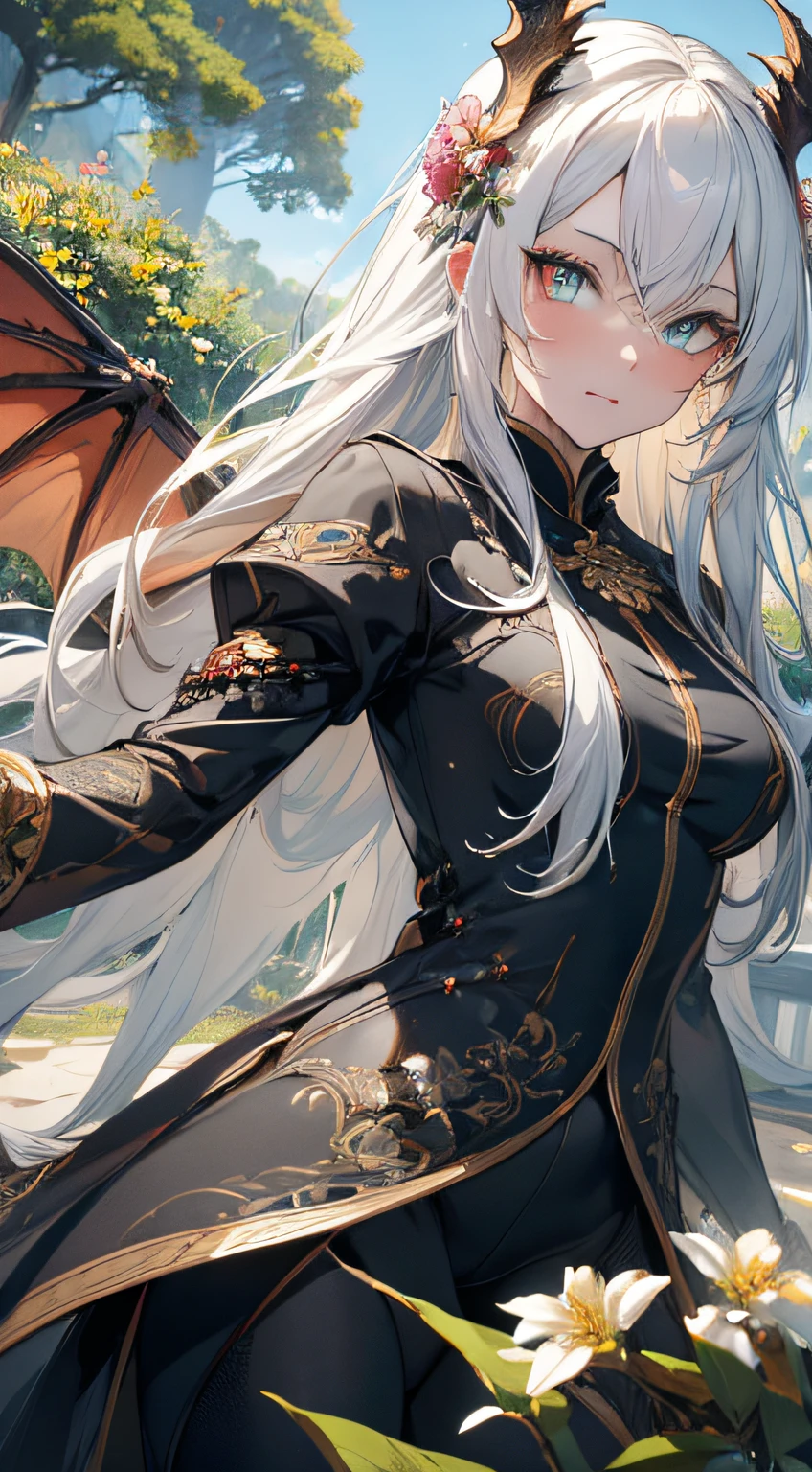 (best quality,4k,8k,highres,masterpiece:1.2),ultra-detailed,portrait,white hair,strong gaze,sharp pupils,half dragon motif,beautiful detailed face,dragon scales on half of her face,long flowing hair,expressive eyes,confident posture,standing in a lush garden with blooming flowers,vibrant colors,soft sunlight,scenic background,emerging dragon wings,whimsical atmosphere