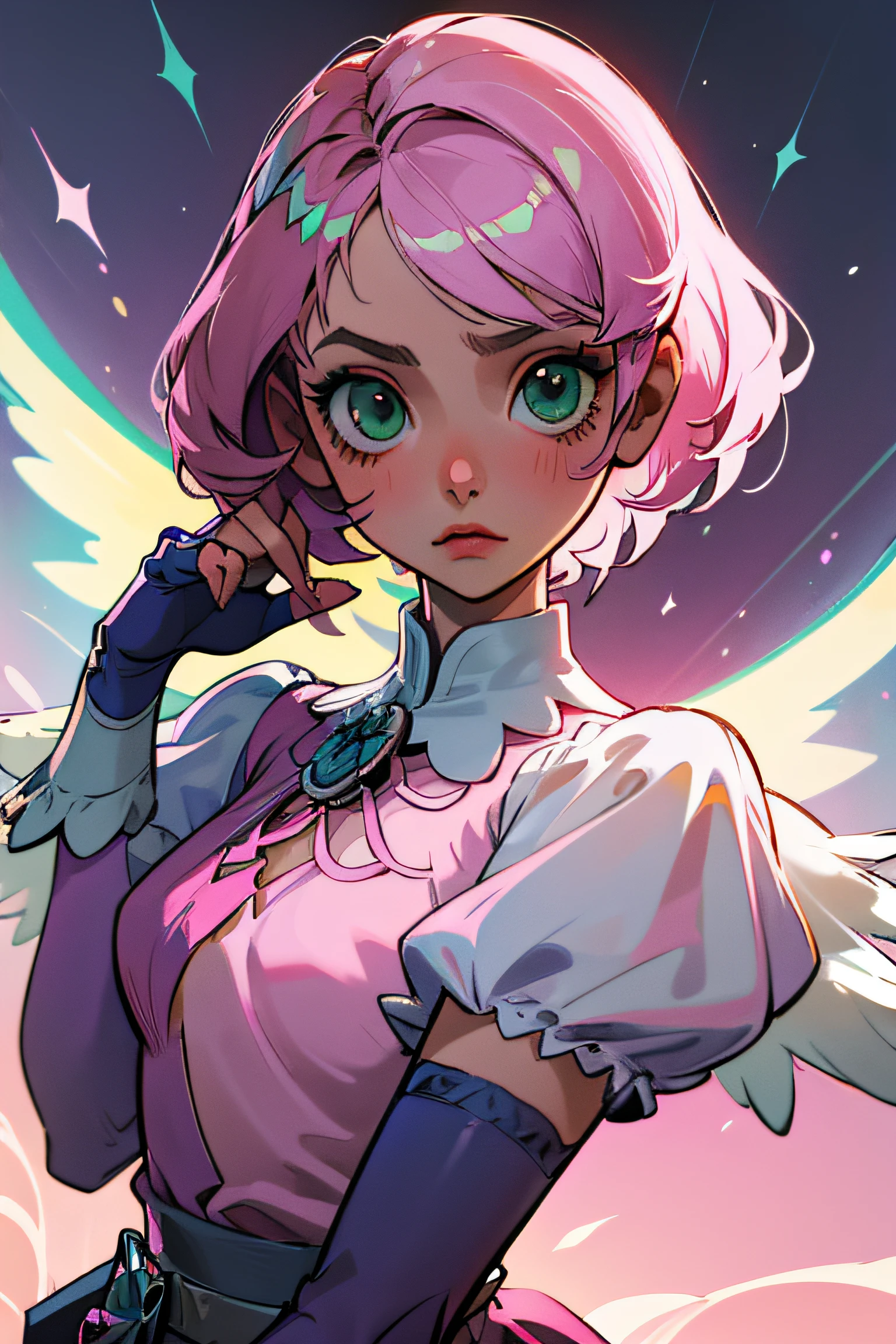 Alisa bosconovitch, melhor qualidade, contemporary, estilo plano, minimalismo, Green Eyes Flat Illustration, cabelo rosa, cabelo curto, cabelos multicoloridos, Camisa Preta, mechanical wings, Head Portrait Close-U, peito pontudo, decote, super decote, middlebreasts, Tekken,cabelo rosa pastel, 1girl, em quimono, hand-painted,Desenho de linha sem cor, colorida do yandere pastel, Tekken, Super cute pink girl hair with gothic makeup on the side, com roupa de empregada,figura esbelta,robusto,He sat on the floor,Vestido com roupas de empregada rosa e branco,cabelos muito curtos,com orelhas de gato,quadratic element,, kawaii cor-de-rosa na roupa da era de 1910, Alisa Bosconovich pink lips, no estilo da paleta de cores suave aurorapunk, an anime illustration of his face, gifs animados, hand drawn animation, charming sketches, suave e brilhante, romantismo nebuloso, Estilo Superflat, fundo branco - ar 1:1 - niji 5 - estilo expressivo --s 50 ,Pink kawaii girl in 1920s era clothesPink Eagles, vestindo uma camisa branca brilhante, no estilo da paleta de cores suave aurorapunk, an anime illustration of his face, gifs animados, hand drawn animation, charming sketches, suave e brilhante, romantismo nebuloso, estilo superflat, fundo branco - ar 1:1 - niji 5 - estilo expressivo --s 50