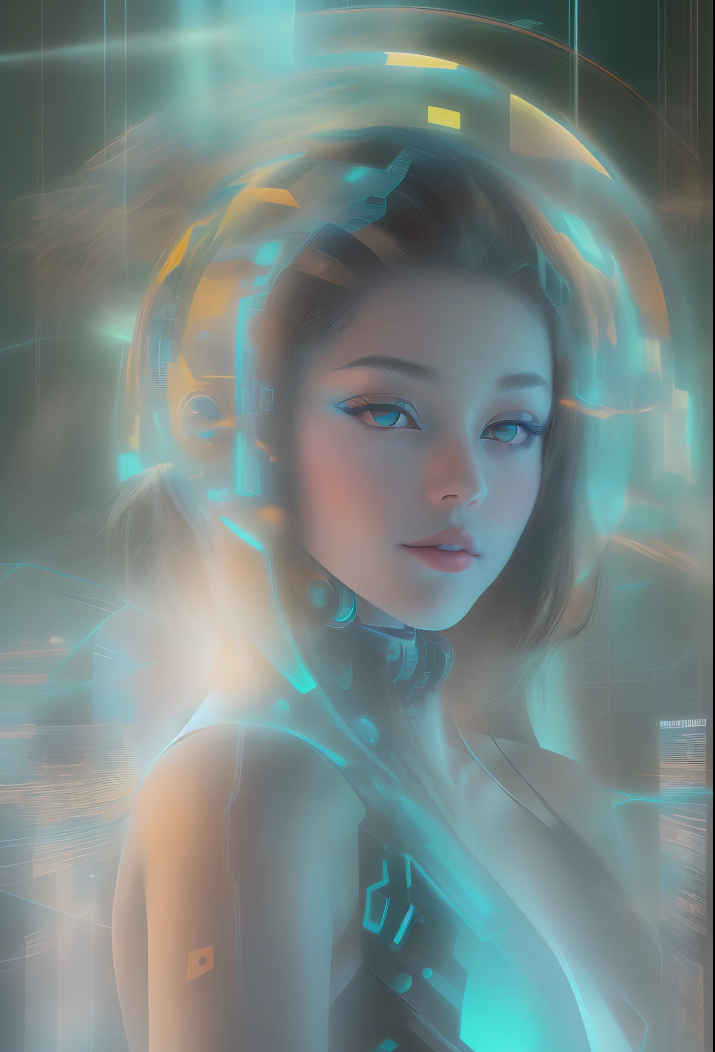 mecha-girl,Futuristic virtual holographic digital image background,(Doubleexposure:1.8),Complex illustrations in surrealist art style,Surreal dreams,Incognito as a virtual hologram person,Transparent people,Virtual holographic digital image