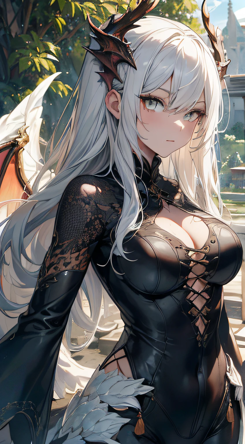 (best quality,4k,8k,highres,masterpiece:1.2),ultra-detailed,portrait,white hair,strong gaze,sharp pupils,half dragon motif,beautiful detailed face,dragon scales on half of her face,long flowing hair,expressive eyes,confident posture,standing in a lush garden with blooming flowers,vibrant colors,soft sunlight,scenic background,emerging dragon wings,whimsical atmosphere