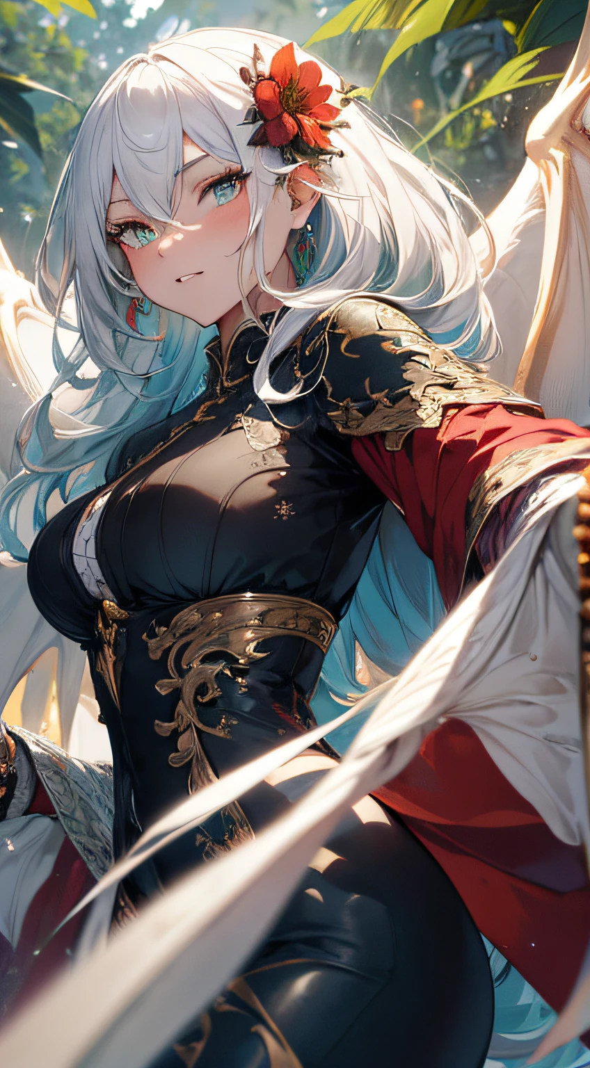 (best quality,4k,8k,highres,masterpiece:1.2),ultra-detailed,portrait,white hair,strong gaze,sharp pupils,half dragon motif,beautiful detailed face,dragon scales on half of her face,long flowing hair,expressive eyes,confident posture,standing in a lush garden with blooming flowers,vibrant colors,soft sunlight,scenic background,emerging dragon wings,whimsical atmosphere