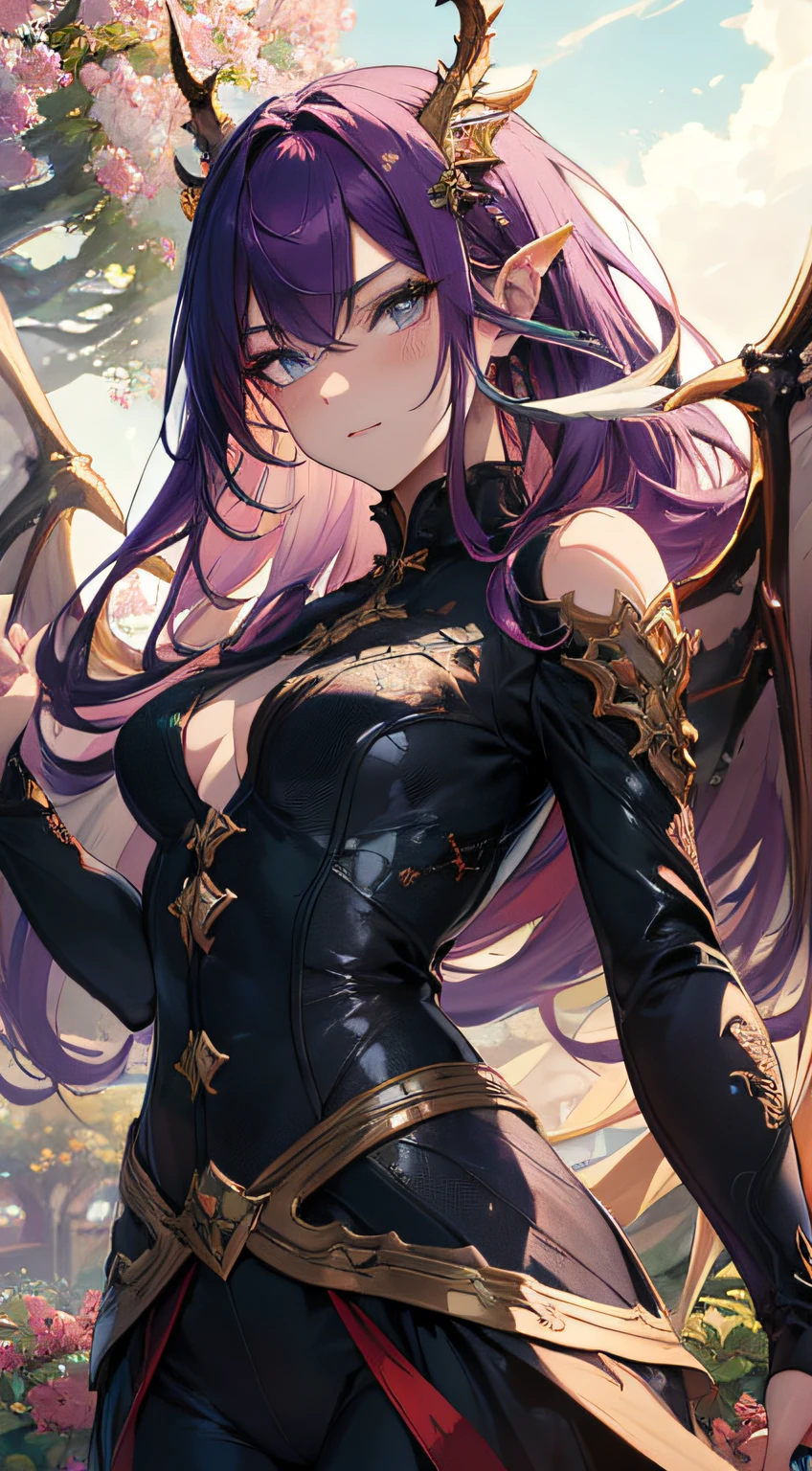 (best quality,4k,8k,highres,masterpiece:1.2),ultra-detailed,portrait,purple hair,strong gaze,sharp pupils,half dragon motif,beautiful detailed face,dragon scales on half of her face,long flowing hair,expressive eyes,confident posture,standing in a lush garden with blooming flowers,vibrant colors,soft sunlight,scenic background,emerging dragon wings,whimsical atmosphere