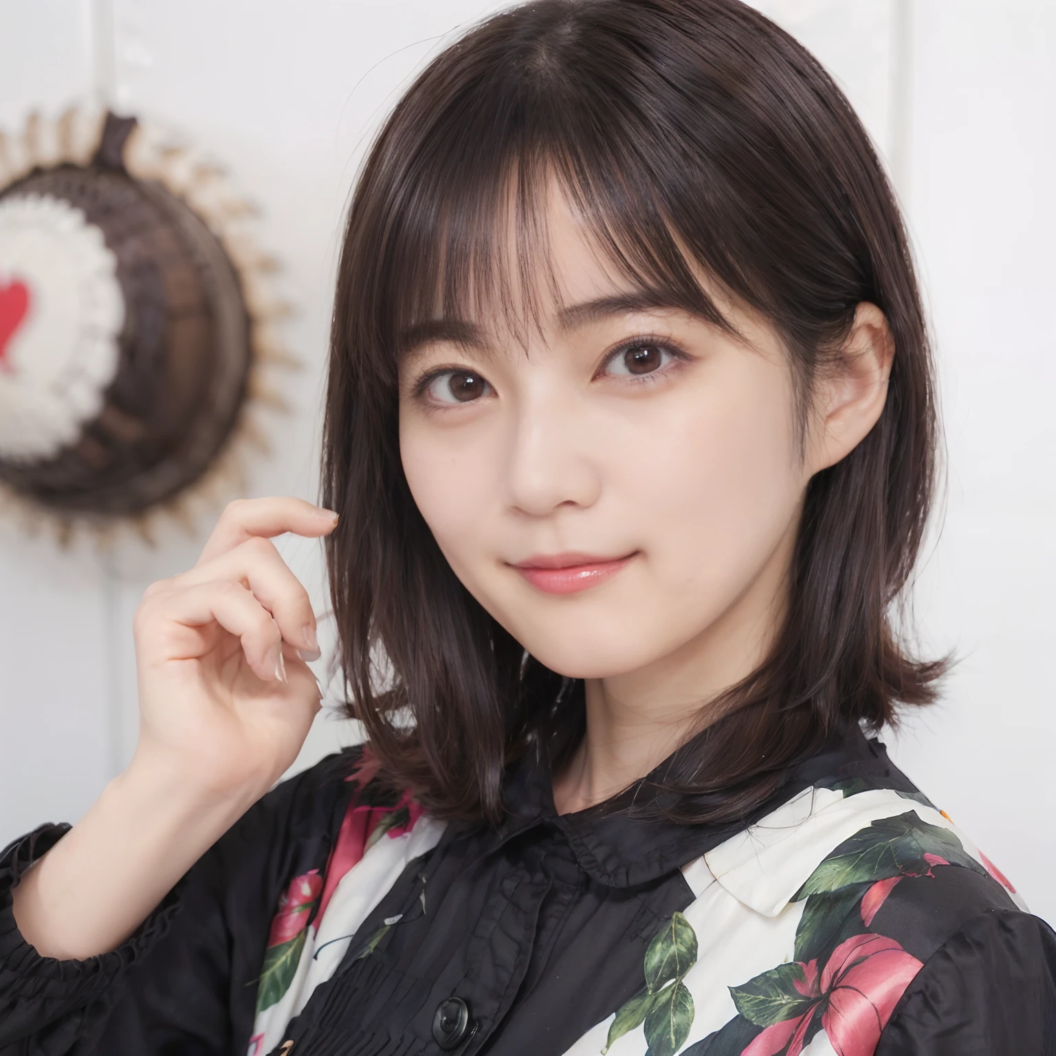 58
(a 20 yo woman), (A hyper-realistic), (masutepiece), ((A dark-haired、short-hair:1.3)), (Breast), kindly smile, (Clothes printed with anime characters)
