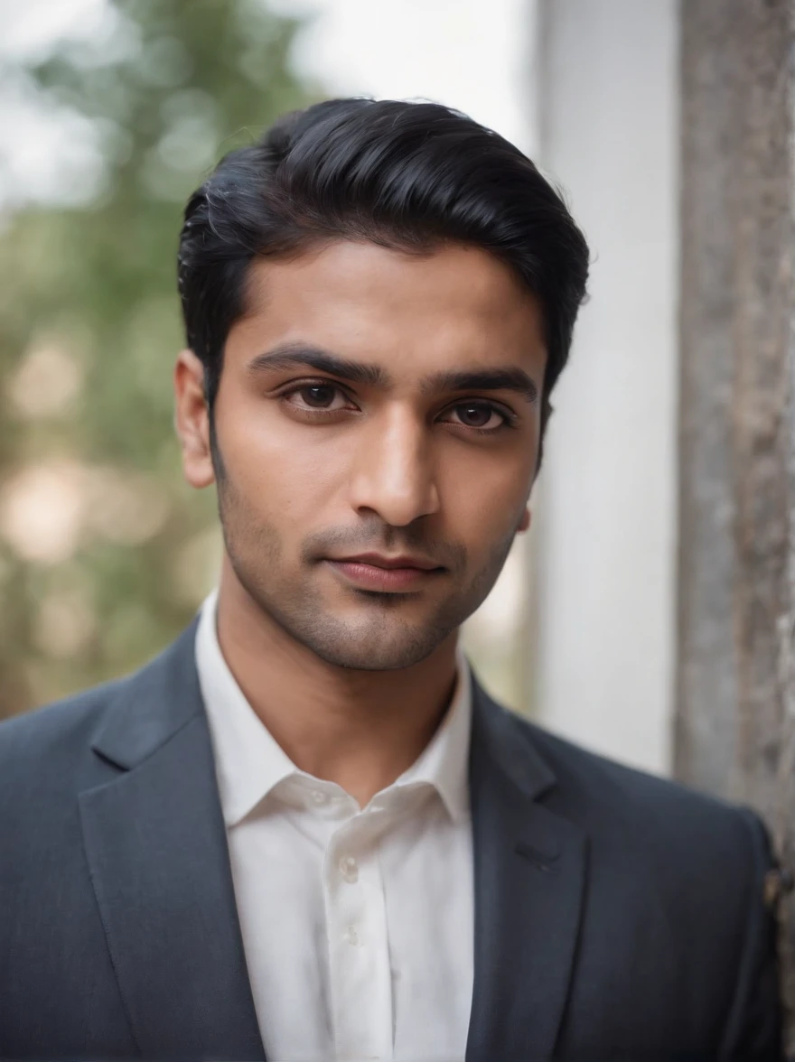 30 year old Indian man with black hair in a business suit, portrait, looking directly at the camera, headshot, shaved