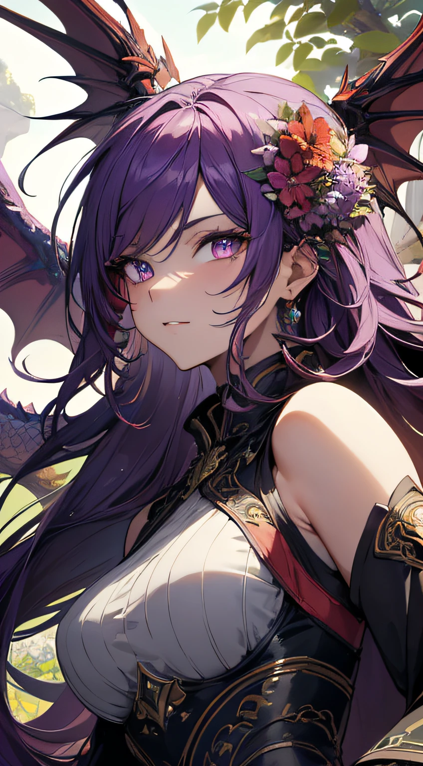 (best quality,4k,8k,highres,masterpiece:1.2),ultra-detailed,portrait,purple hair,strong gaze,sharp pupils,half dragon motif,beautiful detailed face,dragon scales on half of her face,long flowing hair,expressive eyes,confident posture,standing in a lush garden with blooming flowers,vibrant colors,soft sunlight,scenic background,emerging dragon wings,whimsical atmosphere