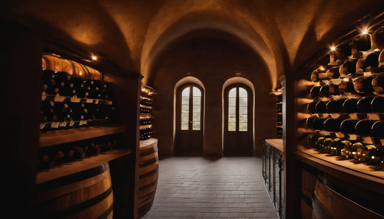 Wine cellar seen from the outside. Chateau with vines around. Glass roof connected to the castle.