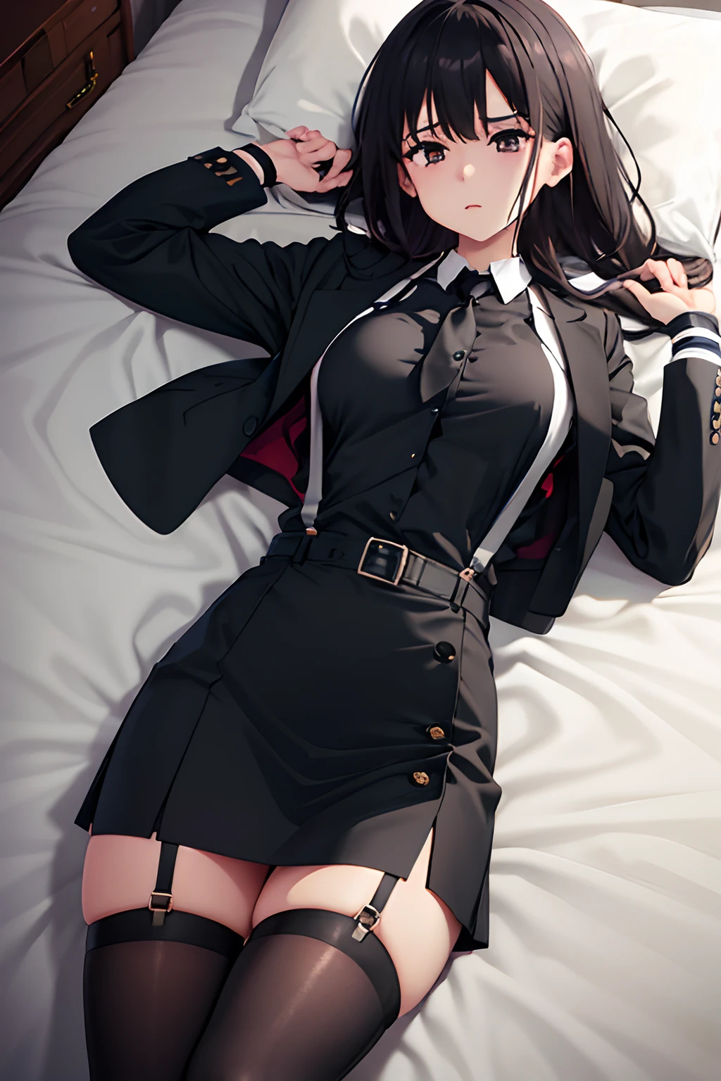 Suit,Collared shirt,Belt bag,Suspenders Black Miniskirt garterbelts knee high Stockings Black Niso Colorcon armpit sweat perspiring Side of both hands,Black jacket,Gaze,ample bosom,Armpit sweat,Exposing the armpits"Tight clothes、Cuffed、wristbands Lying in bed