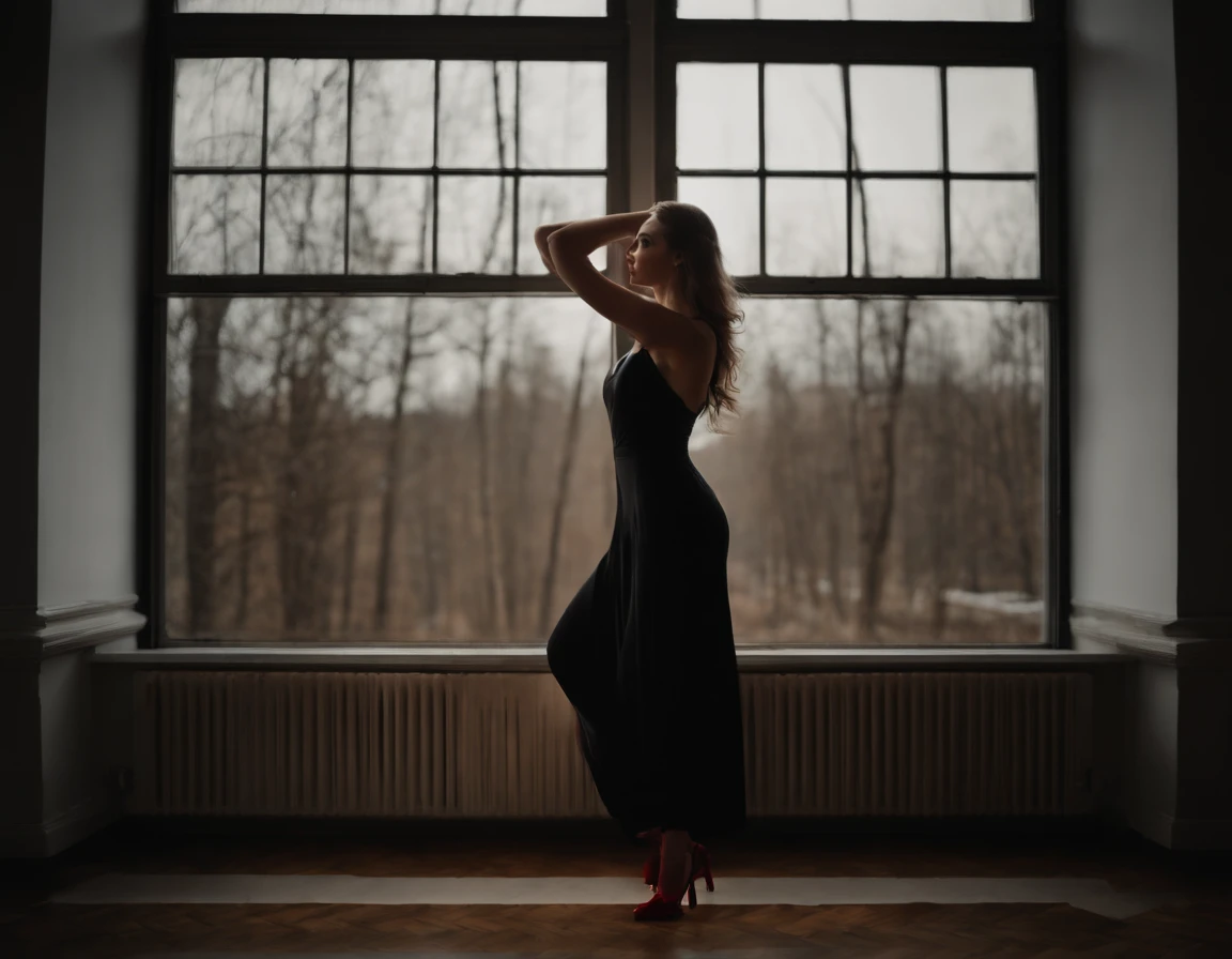 A beautiful naked Russian model is dancing near the window, she's nude ... , Dramatic scene, low light room , black trees are back of the window, red shoes, Persian architecture