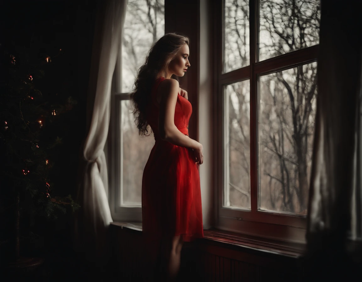 A beautiful Russian model stand near the window, she's ... , Dramatic scene, low light room , black trees are back of the window, red shoes