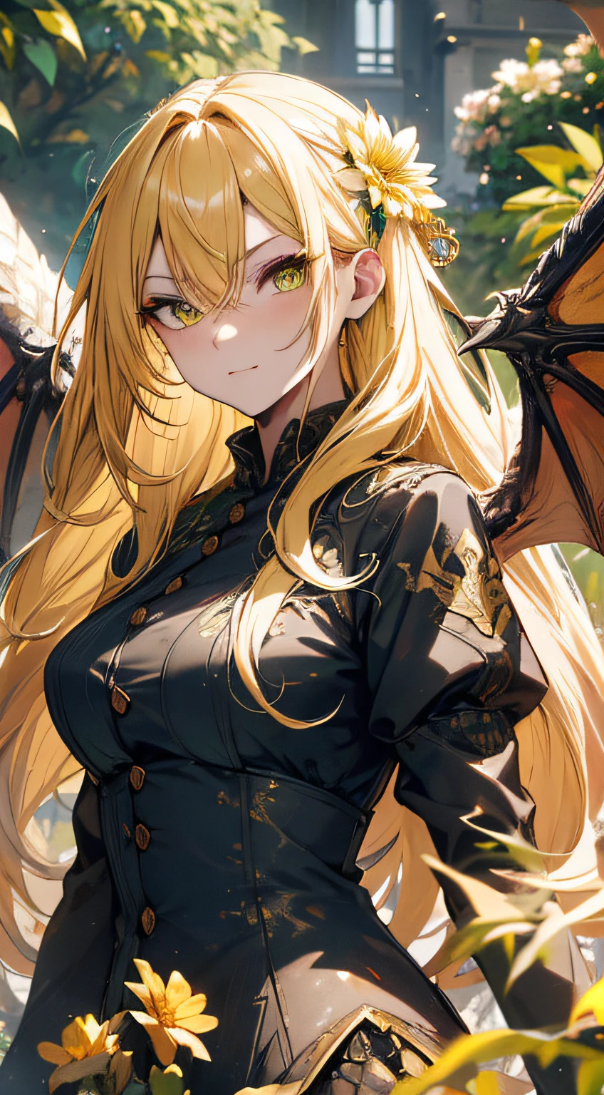 (best quality,4k,8k,highres,masterpiece:1.2),ultra-detailed,portrait,yellow hair,strong gaze,sharp pupils,half dragon motif,beautiful detailed face,dragon scales on half of her face,long flowing hair,expressive eyes,confident posture,standing in a lush garden with blooming flowers,vibrant colors,soft sunlight,scenic background,emerging dragon wings,whimsical atmosphere