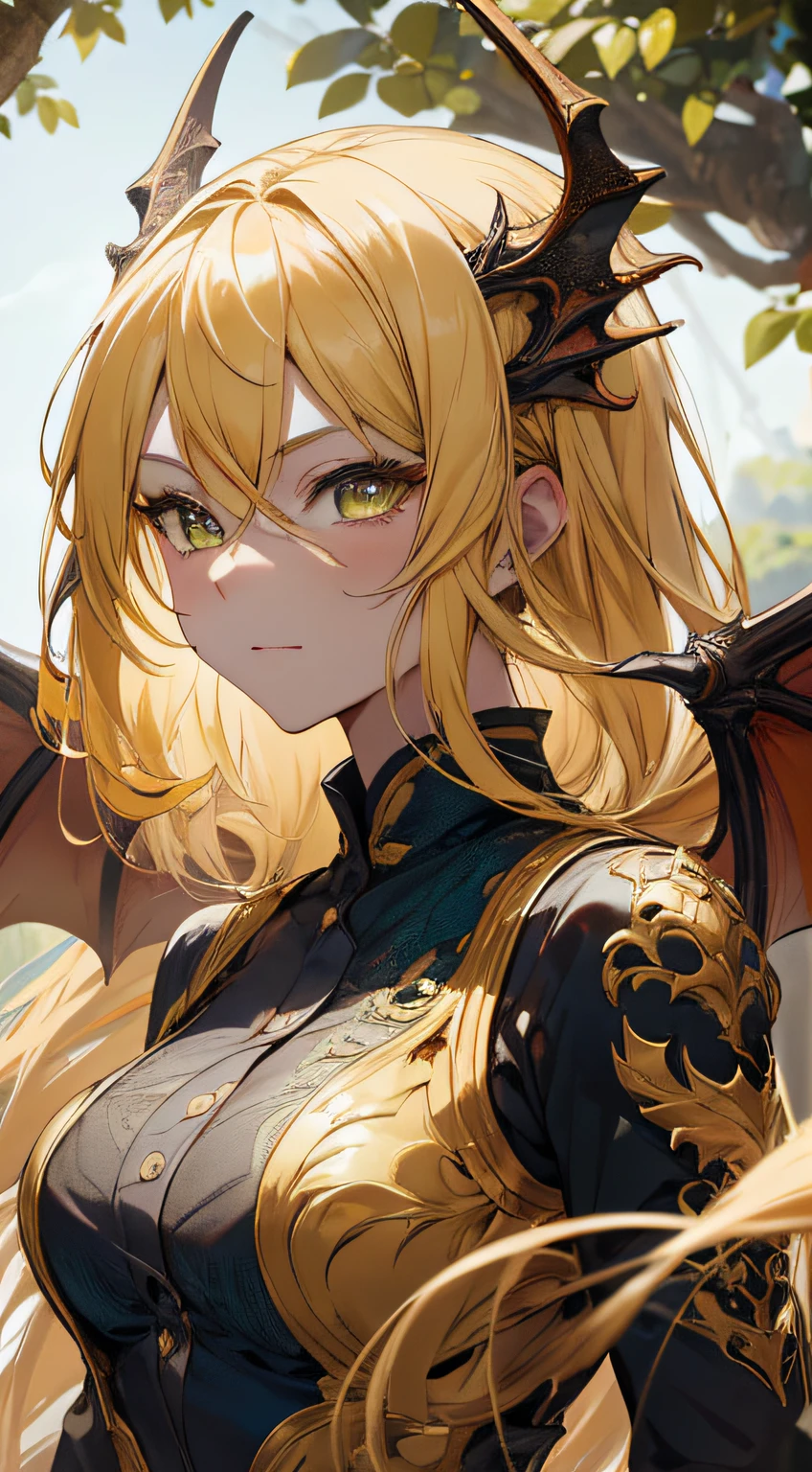 (best quality,4k,8k,highres,masterpiece:1.2),ultra-detailed,portrait,yellow hair,strong gaze,sharp pupils,half dragon motif,beautiful detailed face,dragon scales on half of her face,long flowing hair,expressive eyes,confident posture,standing in a lush garden with blooming flowers,vibrant colors,soft sunlight,scenic background,emerging dragon wings,whimsical atmosphere