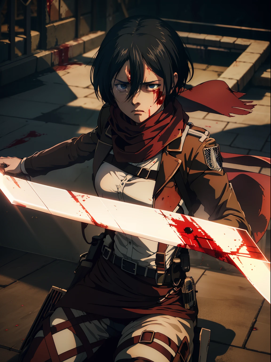 Masterpiece, A high resolution, Photorealistic, Best quality, 8K, Best quality, Ultra-detailed, Cinematic lighting, 1girll, mikasa ackerman, shingeki no kyojin, 1girll, belt, Black hair, Cropped jacket, emblem, hair between eye, Jacket, Paradise military uniform, Red scarf, Scarf, Short hair, shout, Angry, Crying, Watery eyes, (Blood:1.4), the scars, view the viewer, Ott style, Swords, Huge walls, In battle