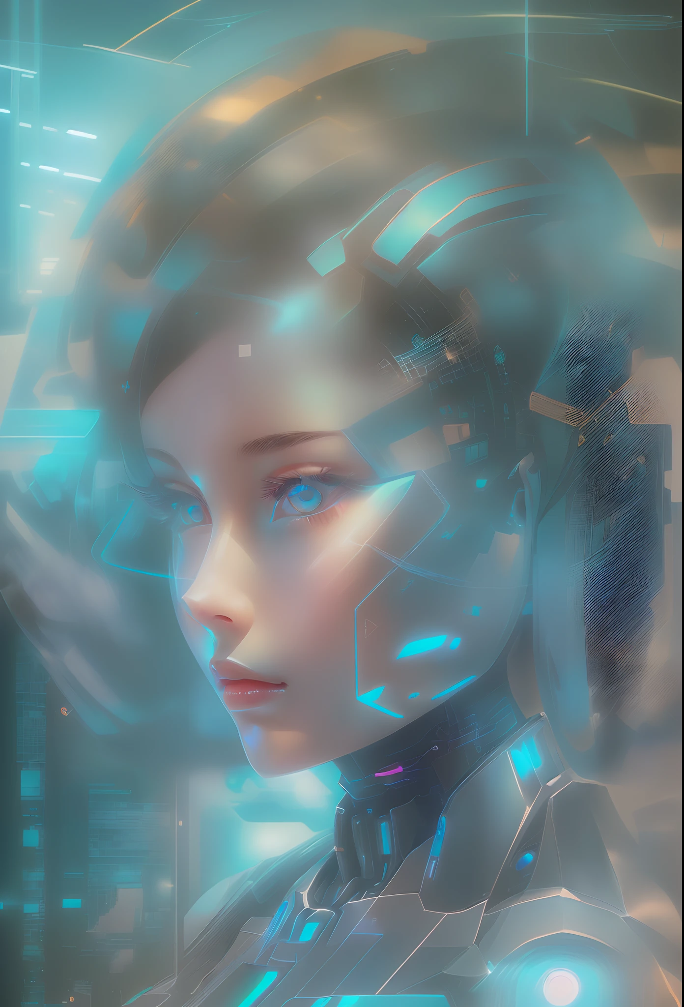 mecha-girl，Futuristic virtual holographic digital image background，（Doubleexposure：1.8），Complex illustrations in surrealist art style，Surreal dreams，Incognito as a virtual hologram person，Transparent people，Virtual holographic digital image