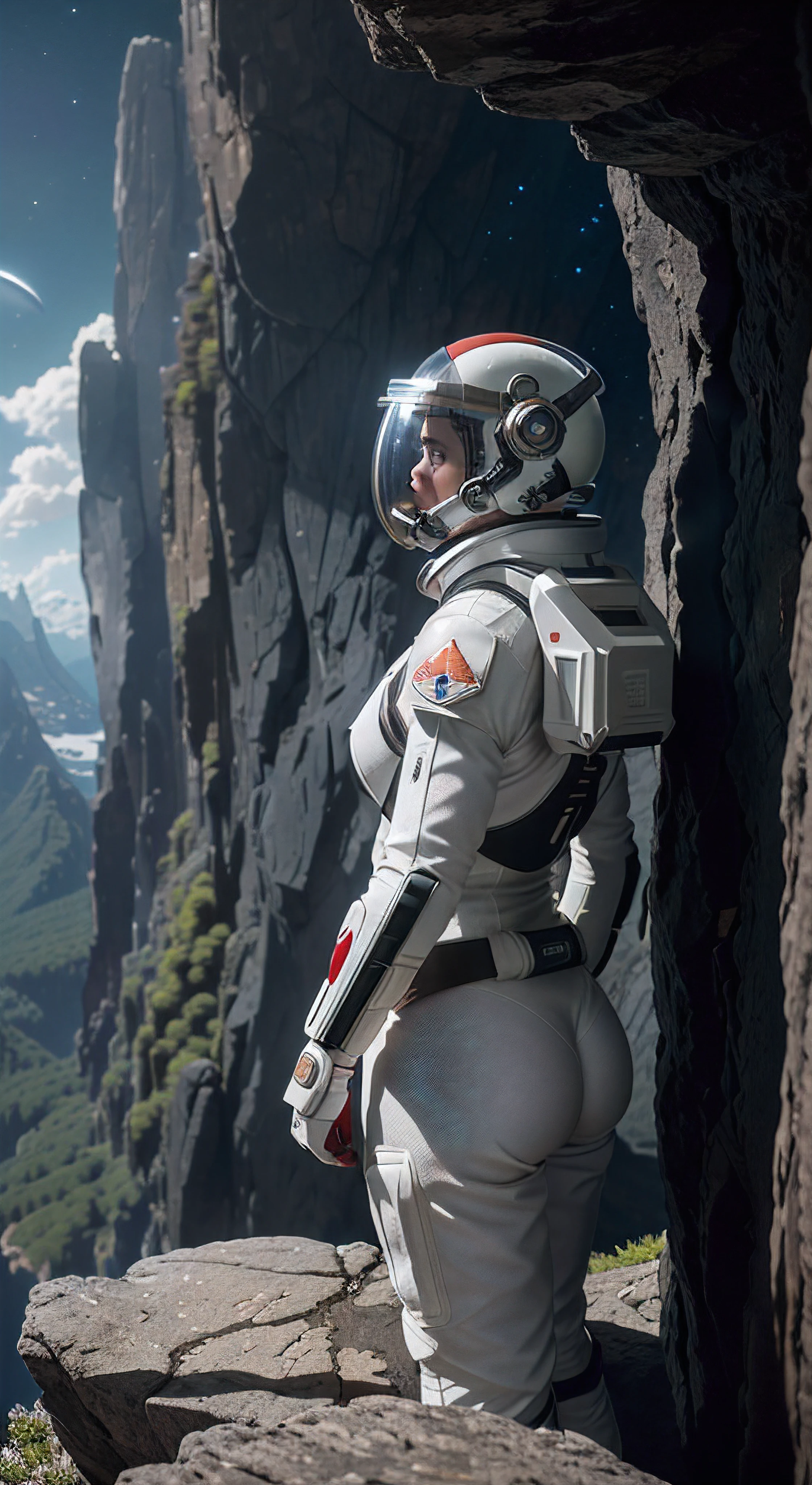 Highly detailed RAW color Photo, Rear Angle, Full Body, of (female space marine, wearing white and red space suit, futuristic helmet, tined face shield, rebreather, accentuated booty), outdoors, (leaning over rocky Edge, looking out at advanced alien structure), (on complex exotic alien planet:0.6), toned body, big butt, (sci-fi), (mountains:1.1), (lush green vegetation), (two moons in sky:0.8), (highly detailed, hyperdetailed, intricate), (lens flare:0.7), (bloom:0.7), particle effects, raytracing, cinematic lighting, shallow depth of field, photographed on a Sony a9 II, 24mm wide angle lens, sharp focus, cinematic film still from Gravity 2013, viewed from behind