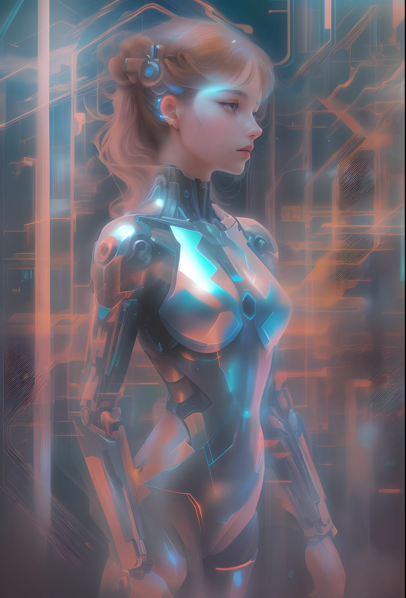 mecha-girl，Futuristic virtual holographic digital image background，（Doubleexposure：1.8），Complex illustrations in surrealist art style，Surreal dreams，Incognito as a virtual hologram person，Transparent people，Virtual holographic digital image