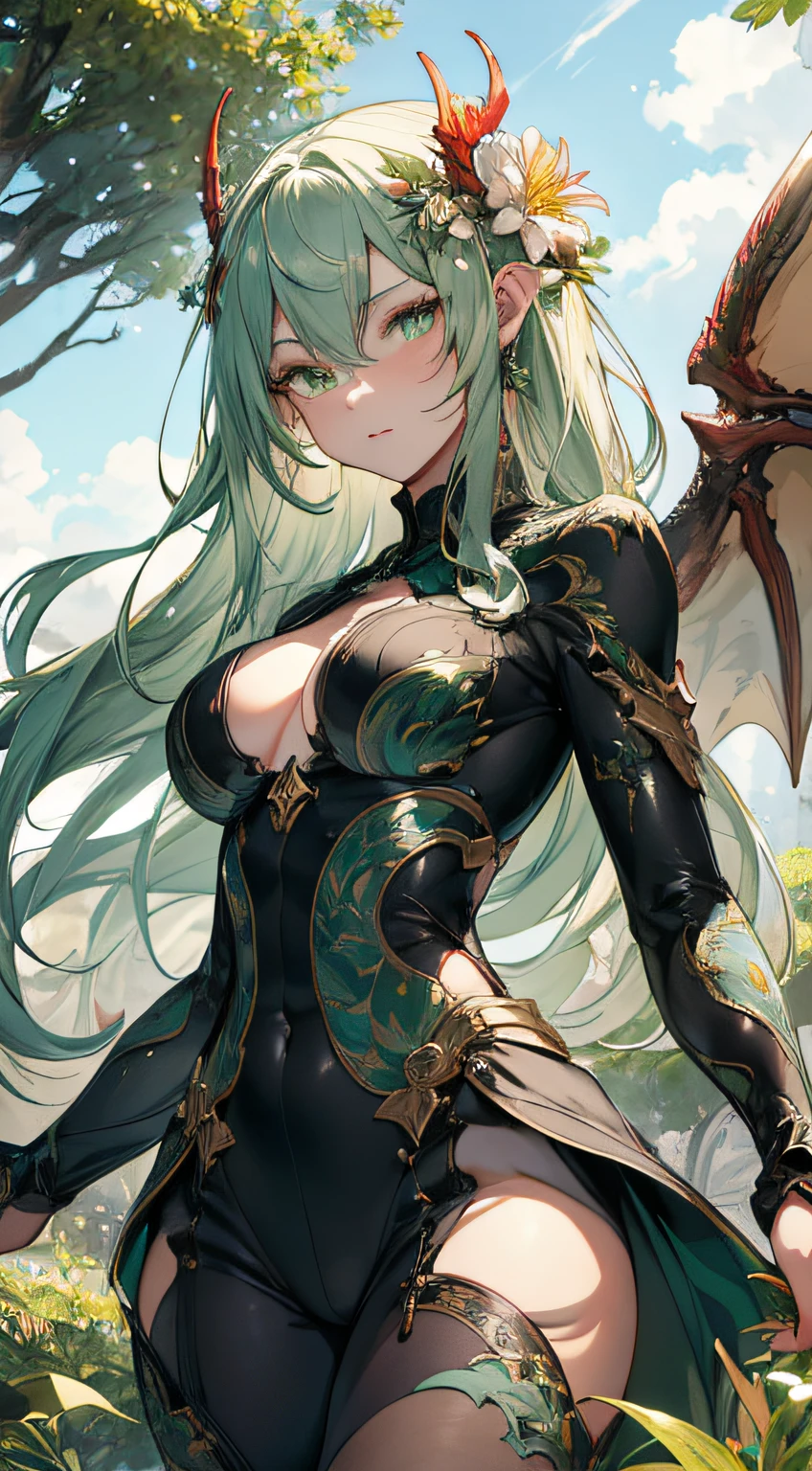 (best quality,4k,8k,highres,masterpiece:1.2),ultra-detailed,portrait,white and green hair,strong gaze,sharp pupils,half dragon motif,beautiful detailed face,dragon scales on half of her face,long flowing hair,expressive eyes,confident posture,standing in a lush garden with blooming flowers,vibrant colors,soft sunlight,scenic background,emerging dragon wings,whimsical atmosphere