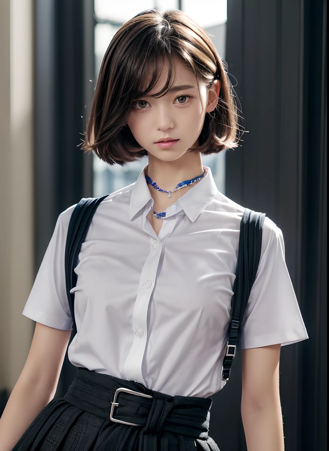 (School Uniforms:1.3), (clothes around waist:1.5), (Knot at the waist:1.3), (white collared shirts:1.4), ((White collar, Unbutton, Short sleeve):1.2), (pleatedskirt:1.3), ((Necklace, Colorful bracelets):1.2),