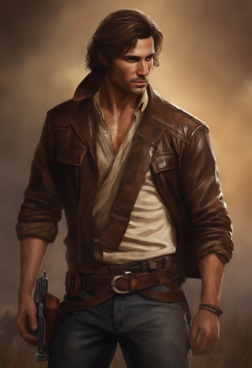 Draw tall things, Full body man with short brown hair and stubble. His face is marked with scars and wrinkles, The result of many years of fighting and suffering. He wears a worn-out leather jacket and tattered jeans. On his waist is a sharp machete and an antique pistol. His brown eyes represent determination and sadness.