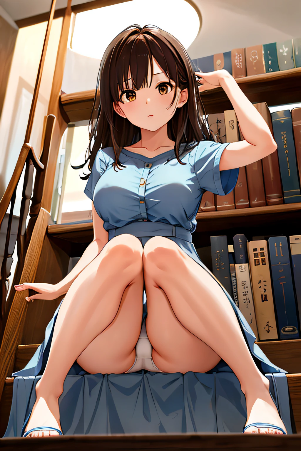 masterpiece, top-quality, hight resolution, 1girl in, brown haired, length hair, bangss, Brown-eyed, well balanced large breasts, Light blue dress、atlibrary、Put your feet on the steps of the stepladder、View bookshelves、View from the rear、View from below、up skirt、I can see the white panties、serious facial expression、itting open legs、Brown sandals、Hands above the head