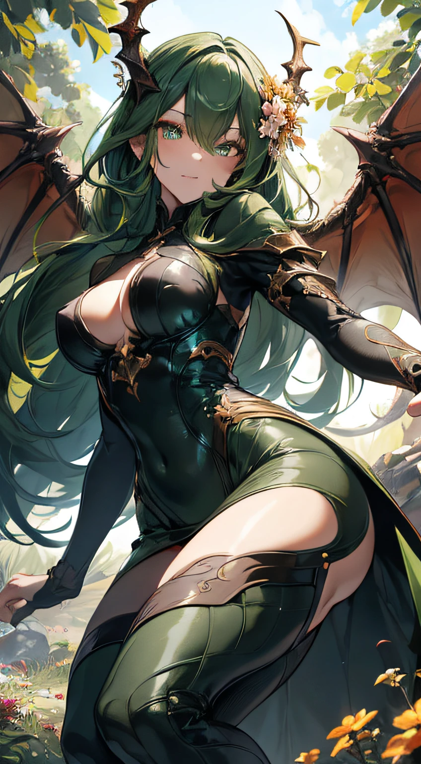 (best quality,4k,8k,highres,masterpiece:1.2),ultra-detailed,portrait,dark green hair,strong gaze,sharp pupils,half dragon motif,beautiful detailed face,dragon scales on half of her face,long flowing hair,expressive eyes,confident posture,standing in a lush garden with blooming flowers,vibrant colors,soft sunlight,scenic background,emerging dragon wings,whimsical atmosphere