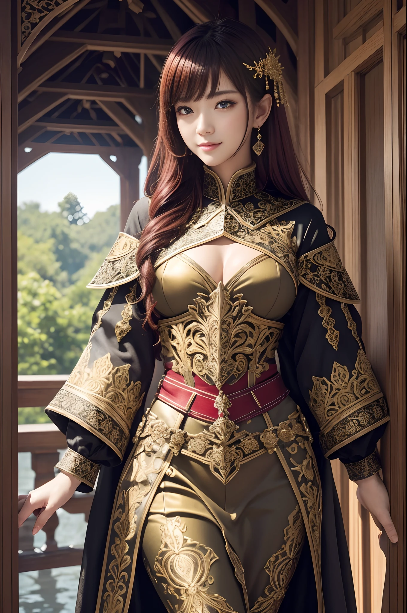 (dark shot:1.1)The whole body of a mature holy knight,Big sexy holy knight chest armor(absurderes、hight resolution、The ultra-detailliert)、One woman's whole body、Red and white female Holy Knight armor,Mature holy knight with big breasts、Extravagant black and gold trousers、Red hair short bob、Skinny and big、blue eyess、Muscular and macho、finely eye and detailed face、intricate detailes、BREAK mosaic art、small pieces、colorful tesserae、Complex pattern、Tiled design、durable surfaces、Old fashioned technique BREAK macro photography、extreme close - up、intricate detailes、Enlarged texture、stunning clarity、Hidden beauty、Interruption of immersive perspective、artisanal creations、Handmade Products、unique designs、intricate detailes、Creative expression、skilled craftsmanship、魅惑的、enticing、English Garden、A smile、